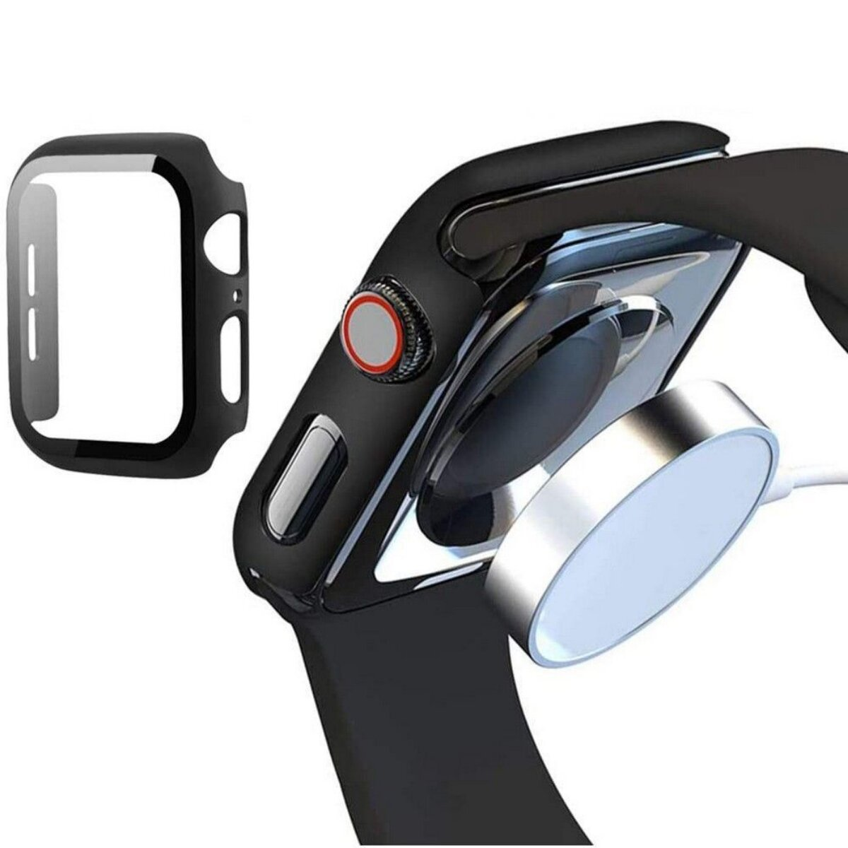 Apple Watch noire avec étui de protection et station de chargement. Le bracelet est noir. Gros plan sur fond blanc.