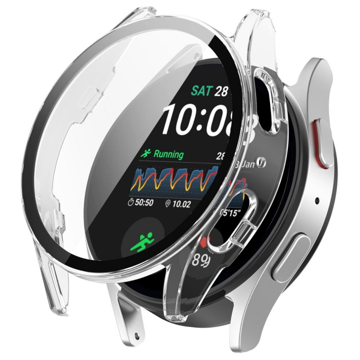 Een smartwatch met een doorzichtige hoes die de tijd en hardloopstatistieken weergeeft. Het horloge is zilverkleurig met een zwart scherm.