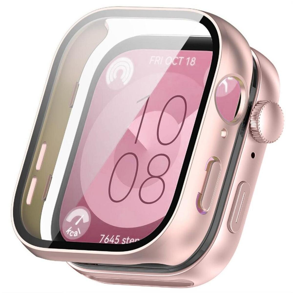 Een roségouden Apple Watch met een schermbeschermer. Het scherm toont tijd, datum en fitnessgegevens.