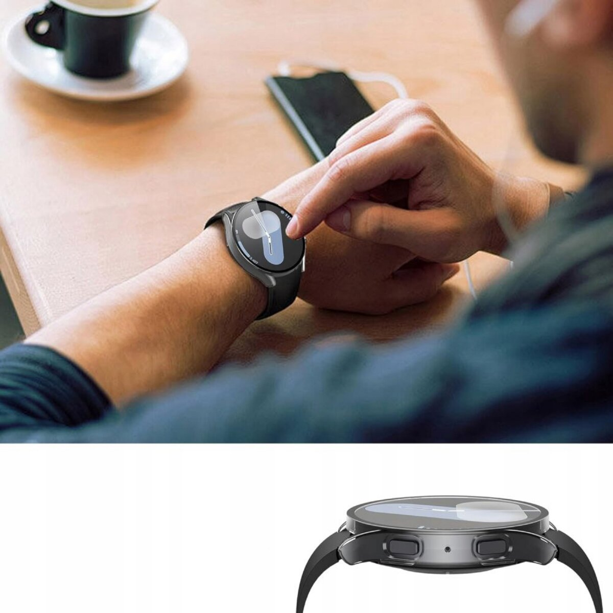 Een persoon raakt een smartwatch aan die een wijzerplaat weergeeft. Een kopje koffie en een telefoon staan op tafel.