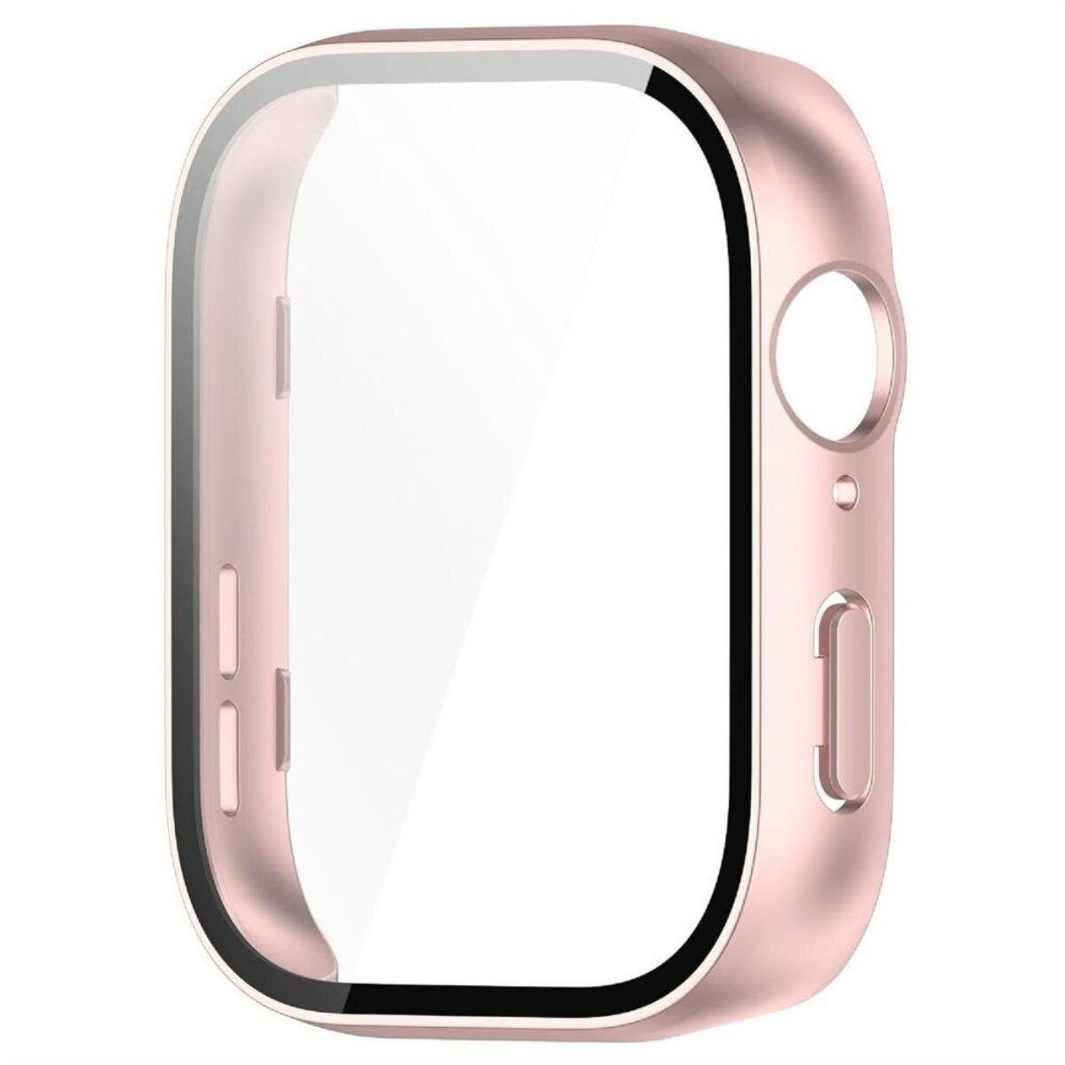 Een roségouden Apple Watch-hoesje met een heldere schermbeschermer. Het heeft een afgerond ontwerp met knoppen en uitsparingen.