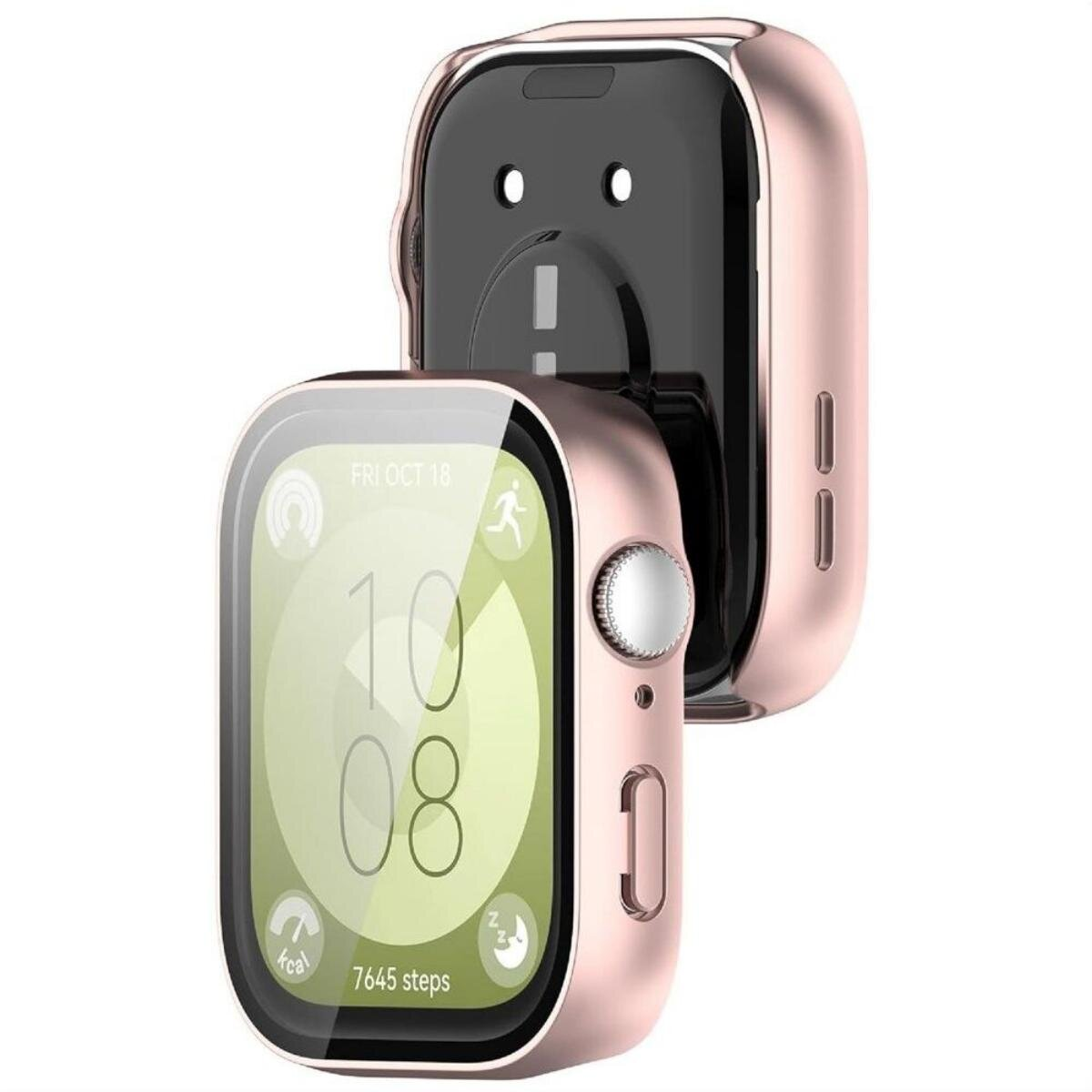 Een roségouden smartwatch met beschermhoes, die tijd en activiteitsgegevens weergeeft. De achtergrond is wit.