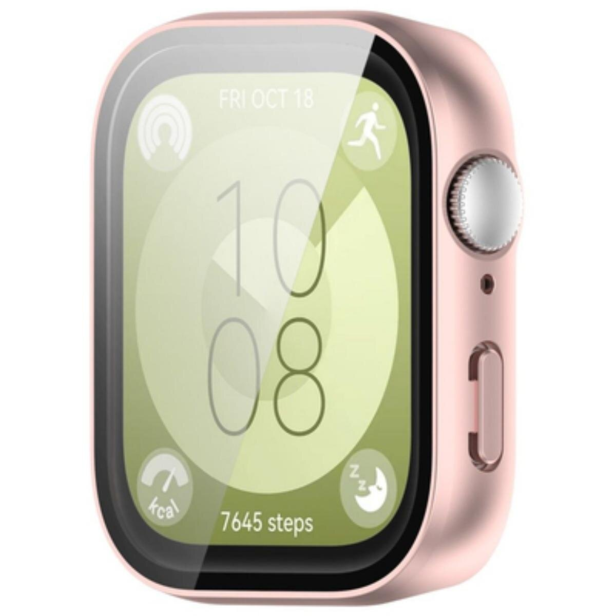 Een roségouden smartwatch toont tijd en stappen. Iconen zijn een hardloper, maan en kcal. Het scherm toont 'FRI OCT 18', '10 08' en '7645 stappen'.