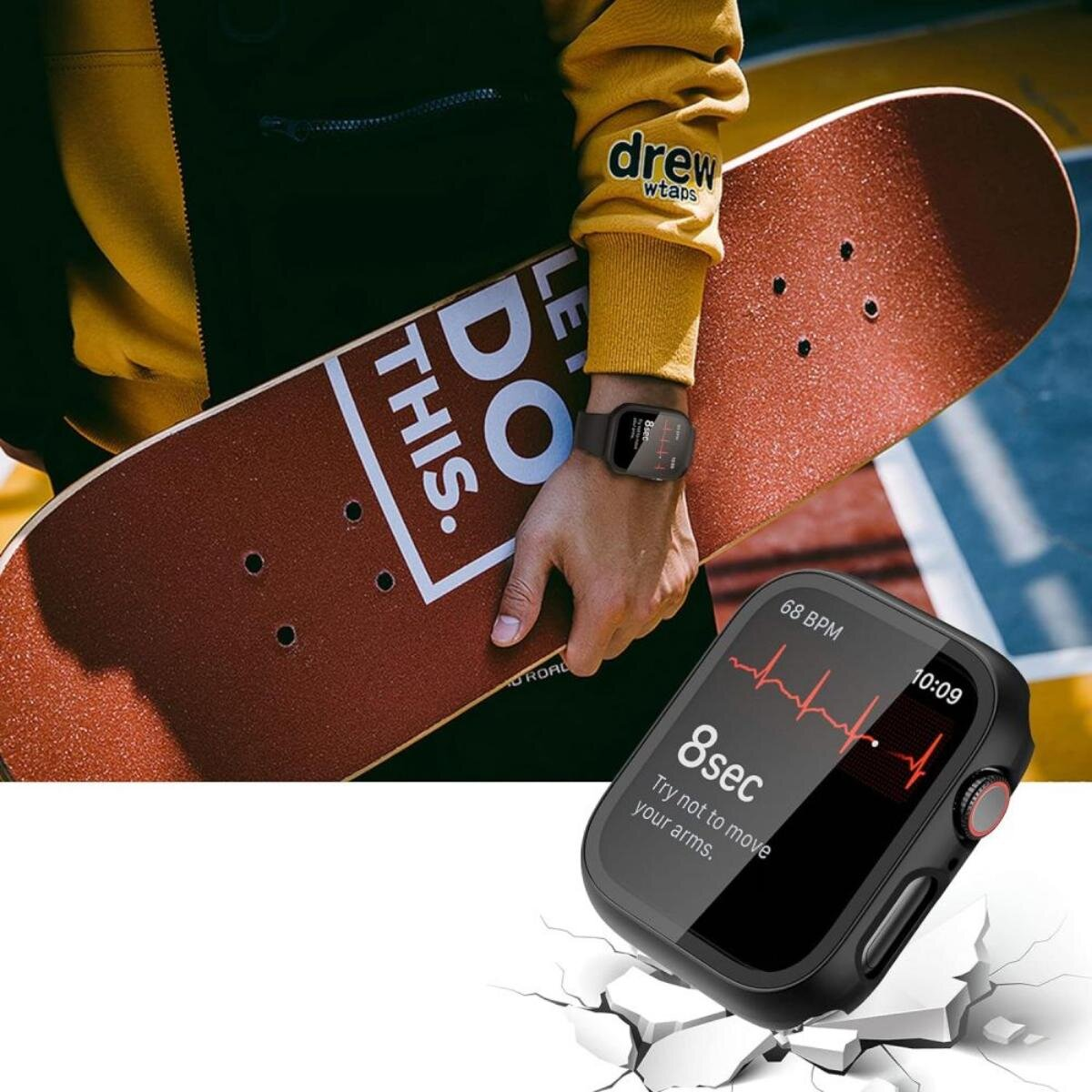 Une personne tient un skateboard. Une smartwatch affiche un moniteur de fréquence cardiaque. La montre est sur une surface fissurée, indiquant un contrôle de santé.