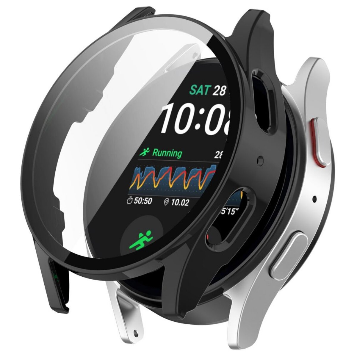 Montre intelligente avec boîtier noir et protection d'écran transparente. L'écran affiche l'heure, les données de course et un graphique de fréquence cardiaque.