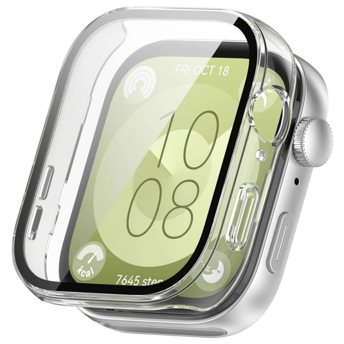 Apple Watch argentée avec un étui de protection transparent. L'écran affiche l'heure 10:08 et la date 18 oct. Détails des pas et kcal visibles.