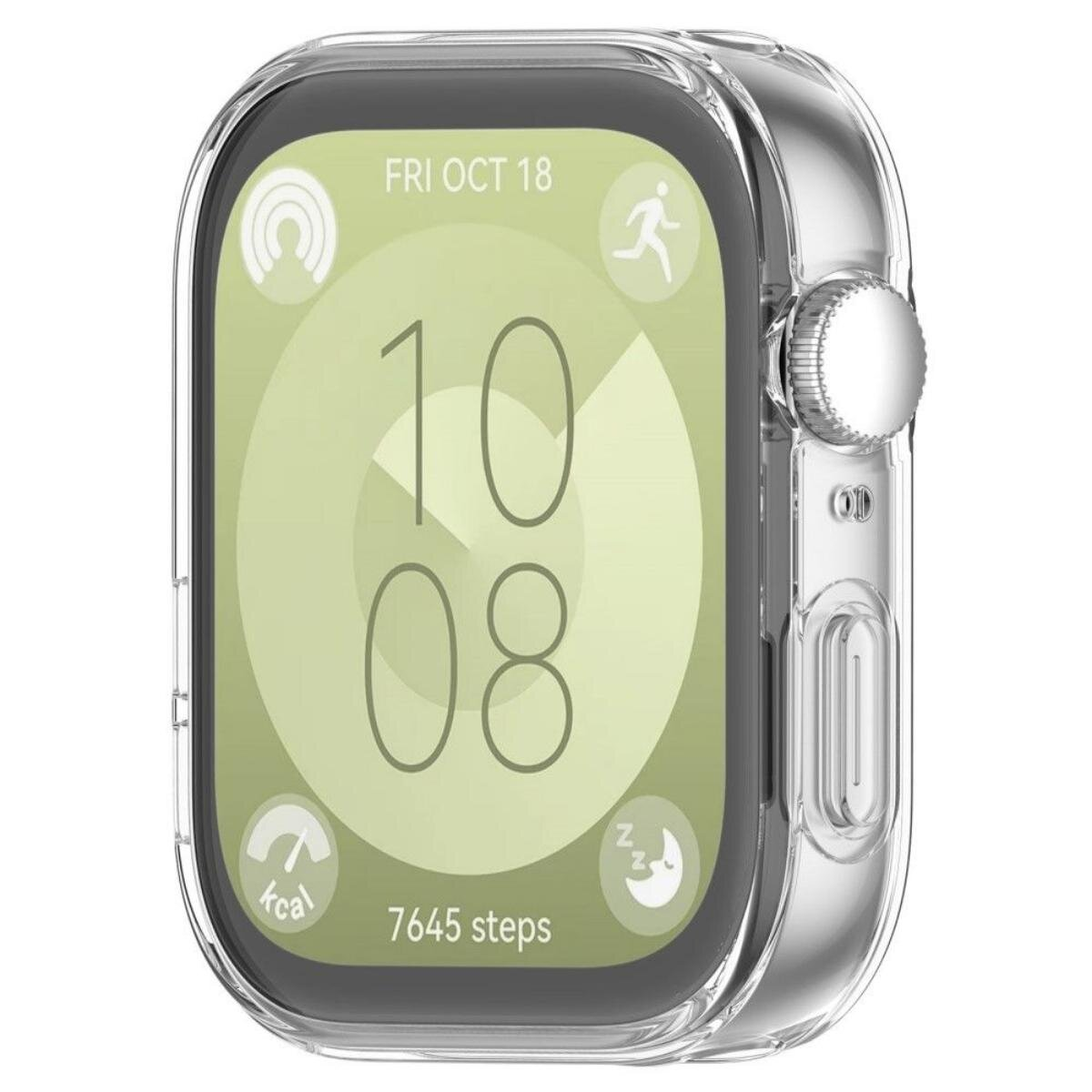 Smartwatch avec boîtier transparent. L'écran affiche l'heure 10:08, la date, des icônes d'activité et 7645 pas. La montre a un bouton argenté.