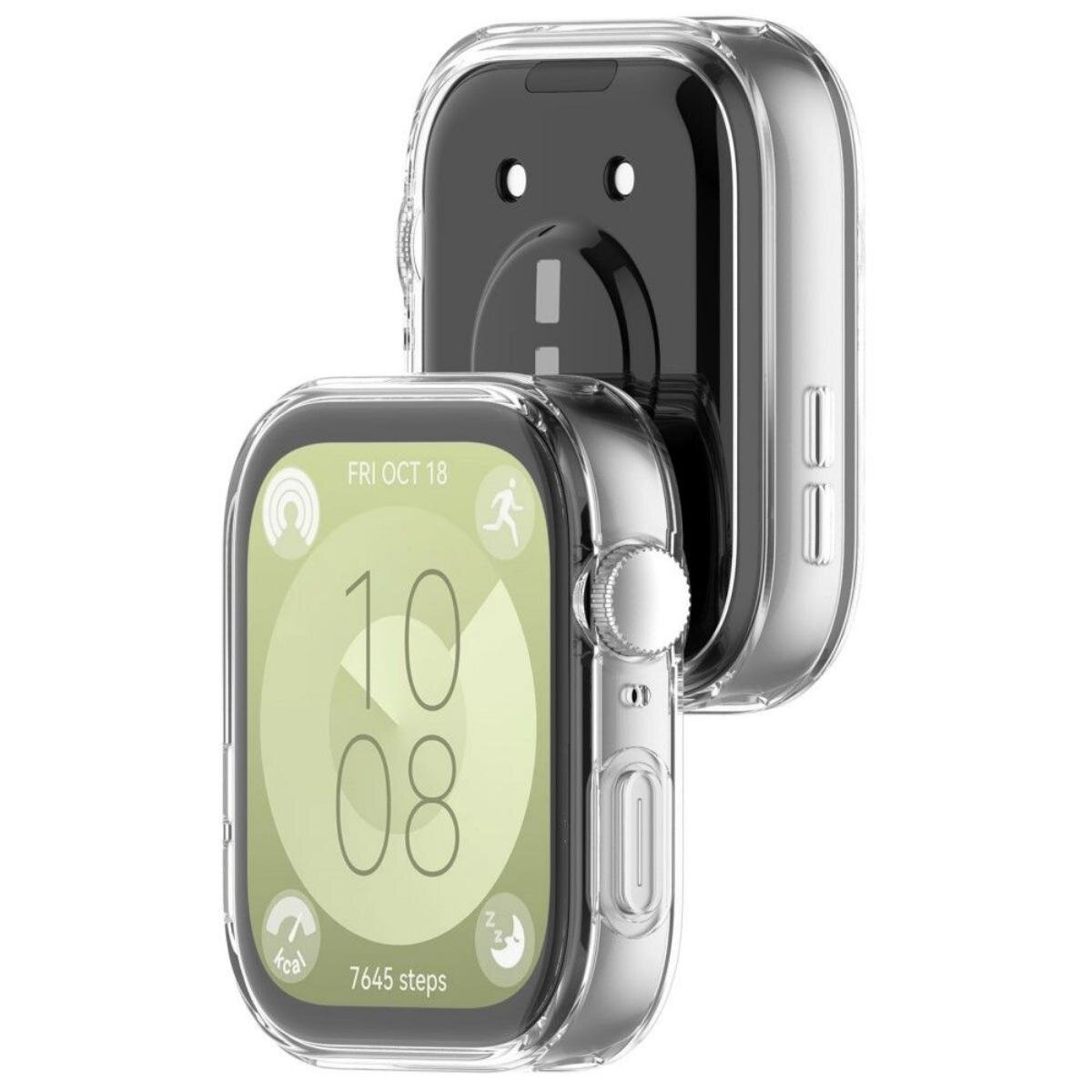 Deux montres connectées dans des étuis transparents. L'écran de la montre avant affiche l'heure, les pas et la date. L'autre est derrière.
