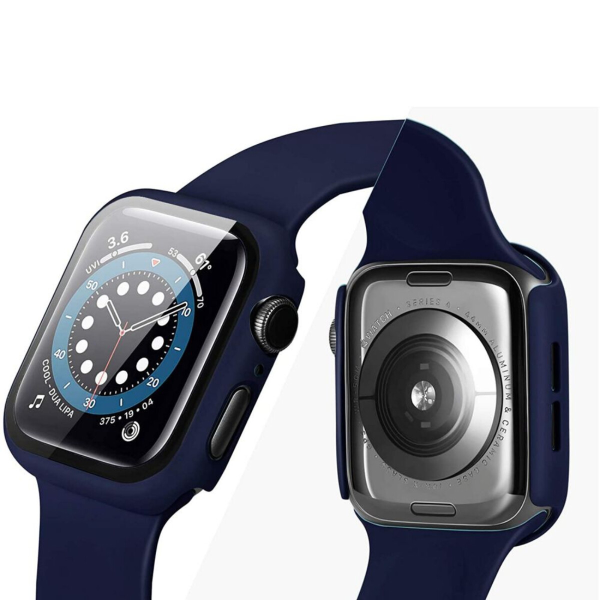 Deux montres connectées côte à côte. L'une affiche l'écran avec l'heure et les données. Les deux ont des bracelets et boîtiers bleu foncé.