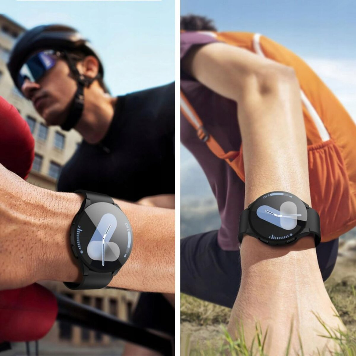 Due persone con smartwatch neri. Uno va in bicicletta, l'altro fa escursioni. Entrambi sono all'aperto con vegetazione.