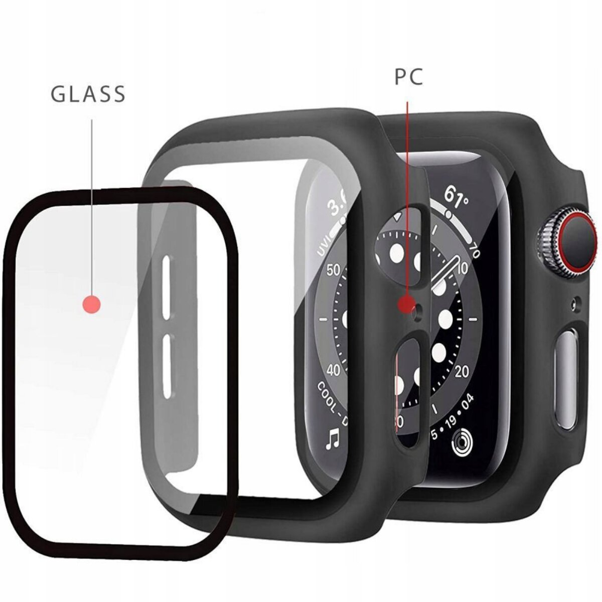 Apple Watch noire avec étui de protection. Protection d'écran en verre présentée séparément. La montre affiche l'heure et d'autres données.