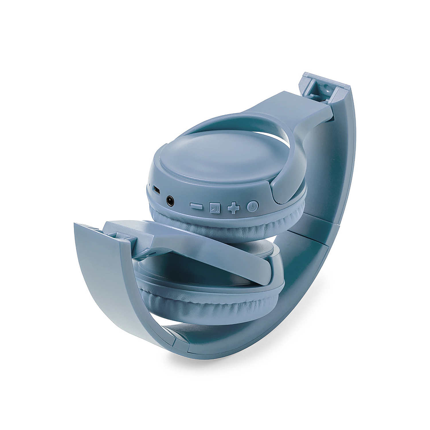 Una cuffia wireless blu chiaro piegata. Sono visibili i padiglioni e l'archetto, che mostrano pulsanti e imbottitura. Lo sfondo è bianco.
