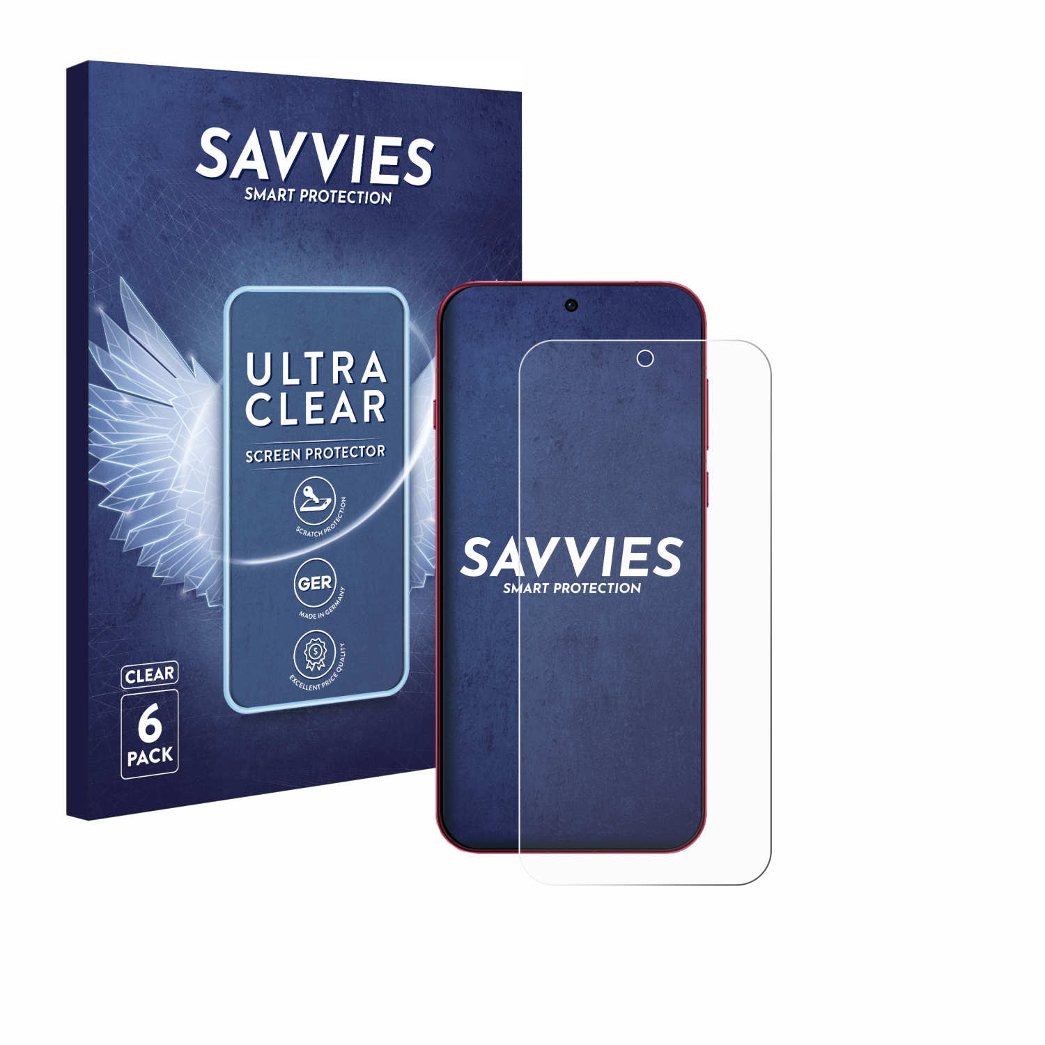 Verpackung eines Displayschutzfolie mit einem Telefon. Die Verpackung zeigt SAVVIES, ULTRA CLEAR und 6 PACK. Das Telefon ist rot und blau.