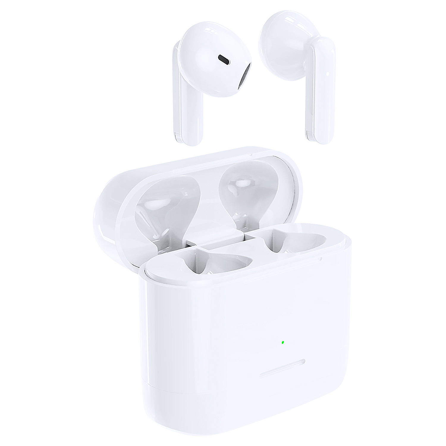 Sono visualizzate cuffie wireless bianche con custodia di ricarica. La custodia è aperta e due auricolari sono posizionati sopra.