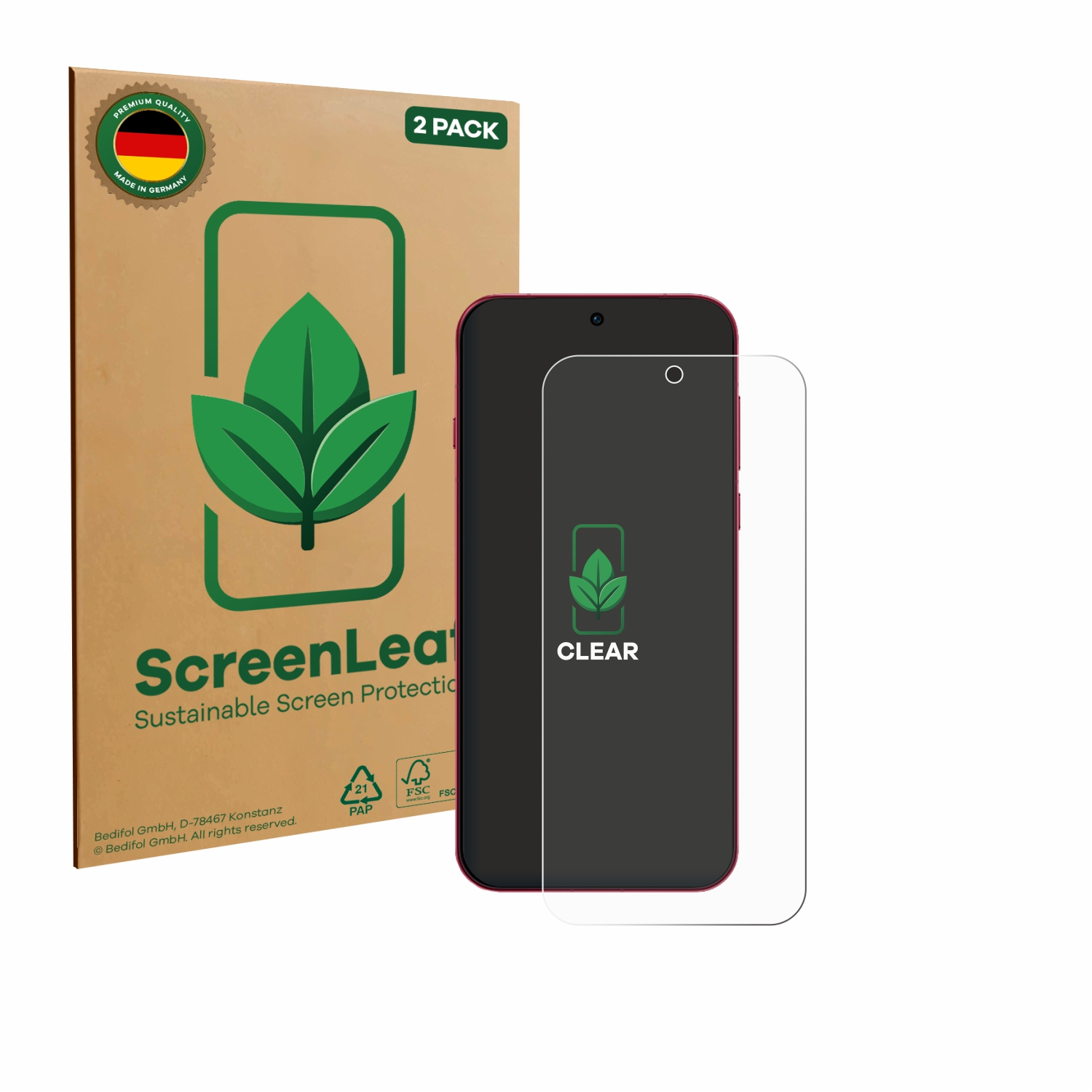 Ein Telefon und ein Displayschutz befinden sich neben einem Karton mit einem Blattlogo und dem Text: 'ScreenLea Sustainable Screen Protection'.