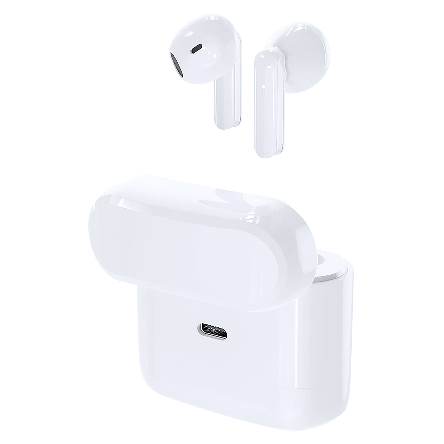 Auricolari wireless bianchi con custodia di ricarica aperta. Auricolari sopra la custodia. Porta USB-C visibile.