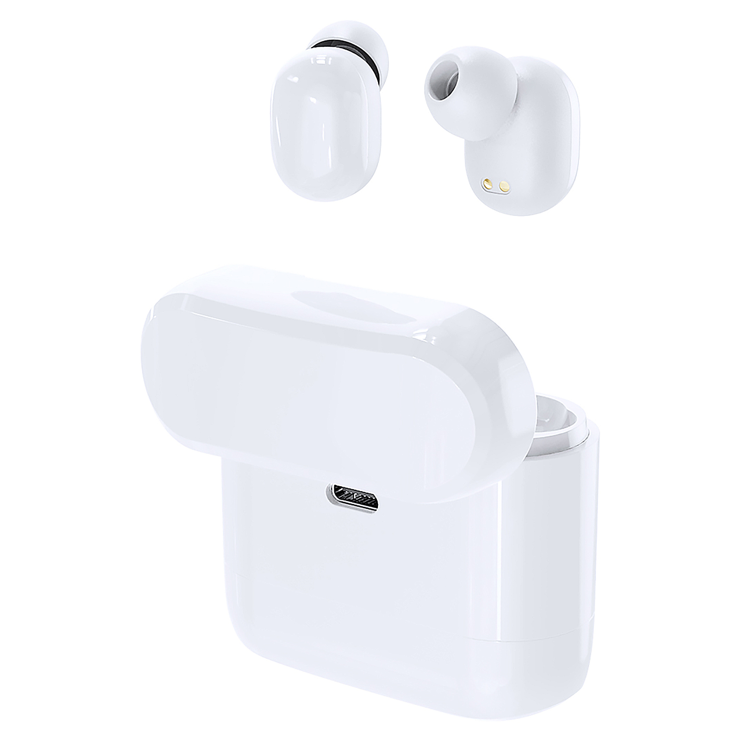Auricolari wireless bianchi con custodia di ricarica, coperchio aperto. Auricolari separati. Porta USB-C visibile sulla custodia.