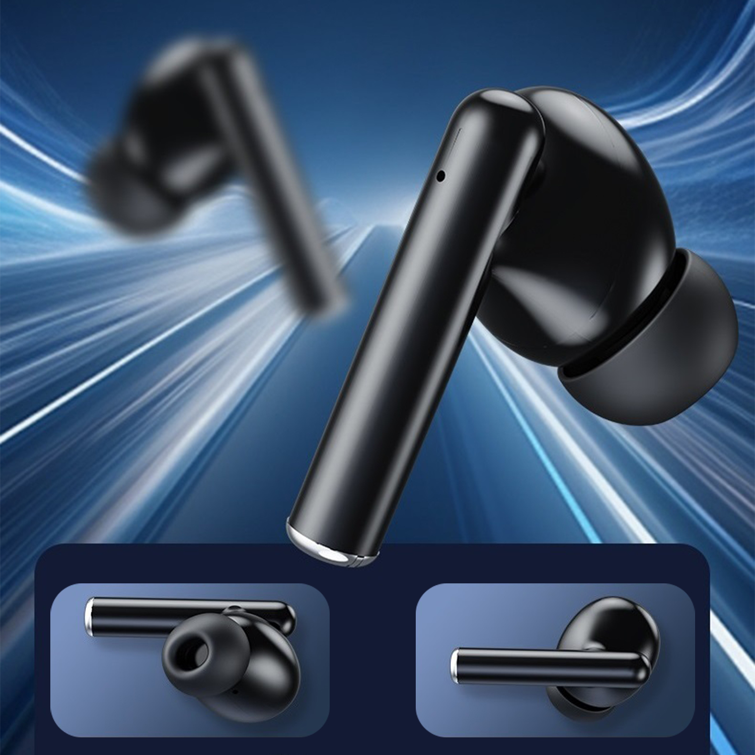 Auricolari wireless neri dal design elegante. L'immagine mostra gli auricolari su sfondo blu, sono presenti anche dei primi piani.