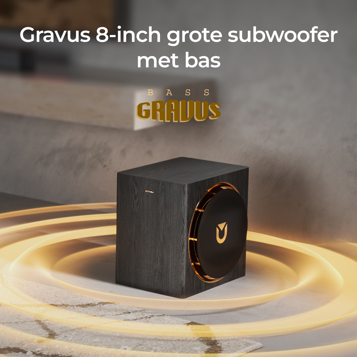 Een zwarte subwoofer met gouden accenten. Het woord 'GRAVUS' wordt in goud weergegeven. Een gloeiend ringeffect omringt de luidspreker.