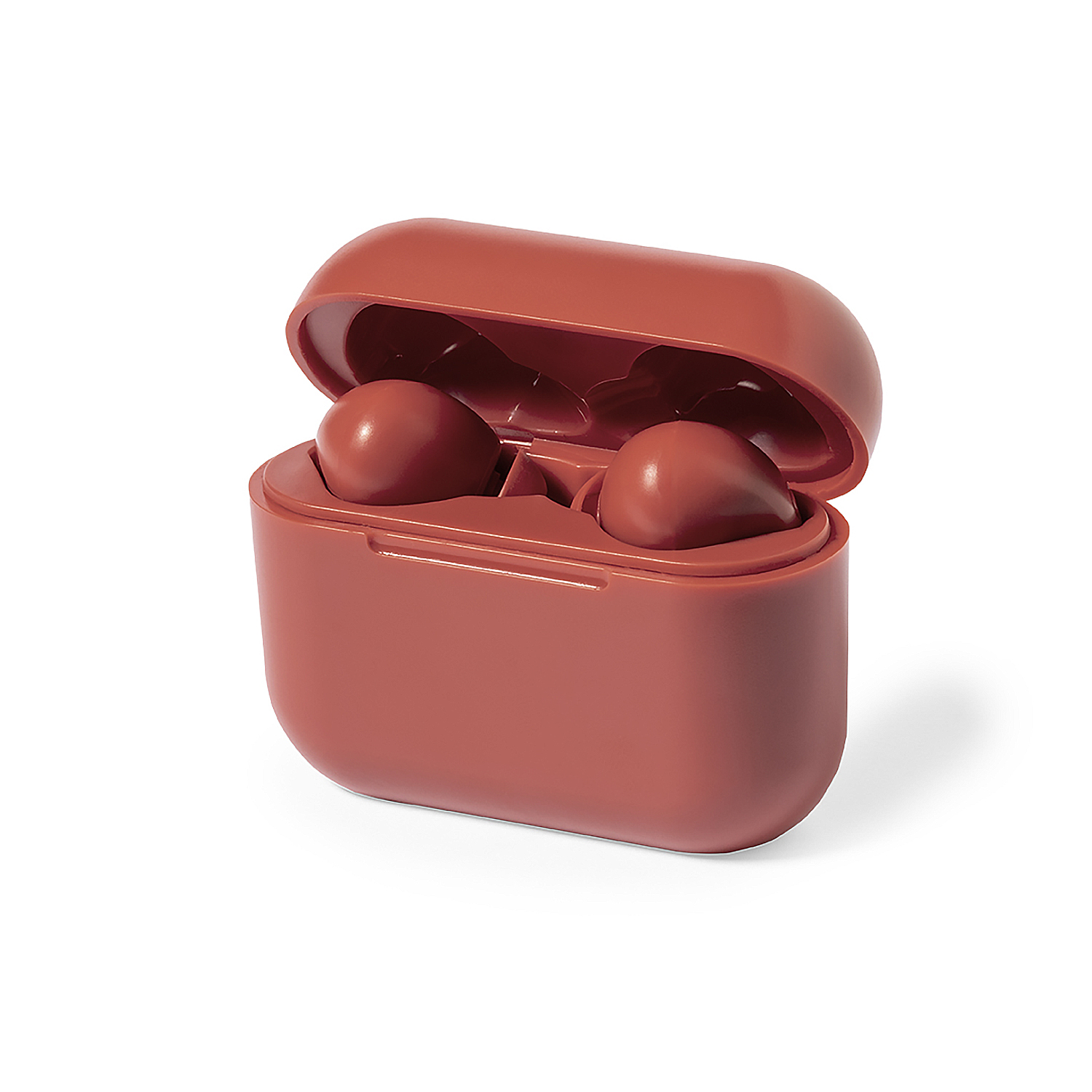 Offene rote Ohrhörer-Ladebox mit zwei Ohrhörern. Die Box steht auf weißem Hintergrund und wirft einen Schatten.