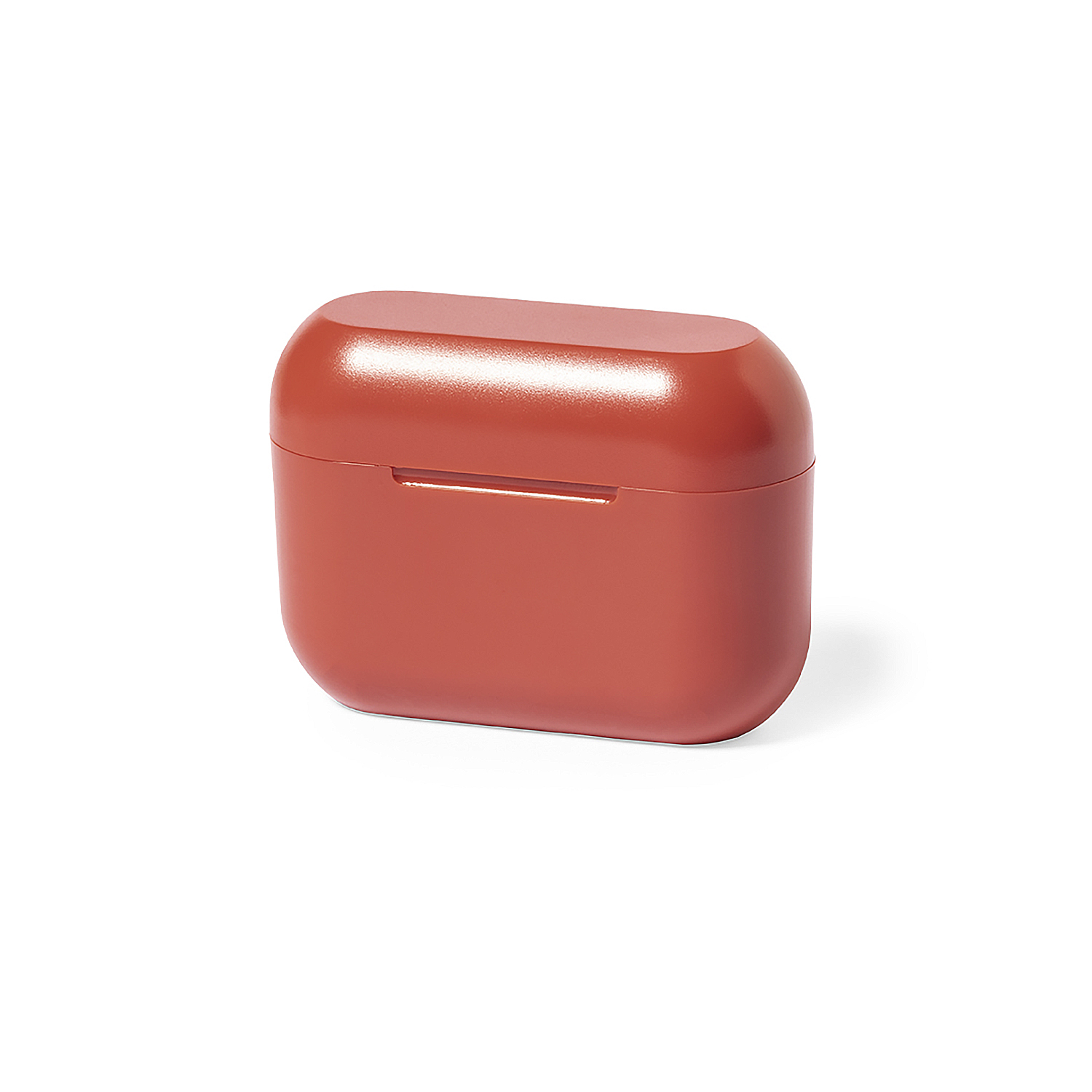 Ein rotes, abgerundetes rechteckiges Etui, wahrscheinlich für Ohrhörer, liegt auf einer weißen Oberfläche. Das Etui hat ein glänzendes Finish und einen Schatten.