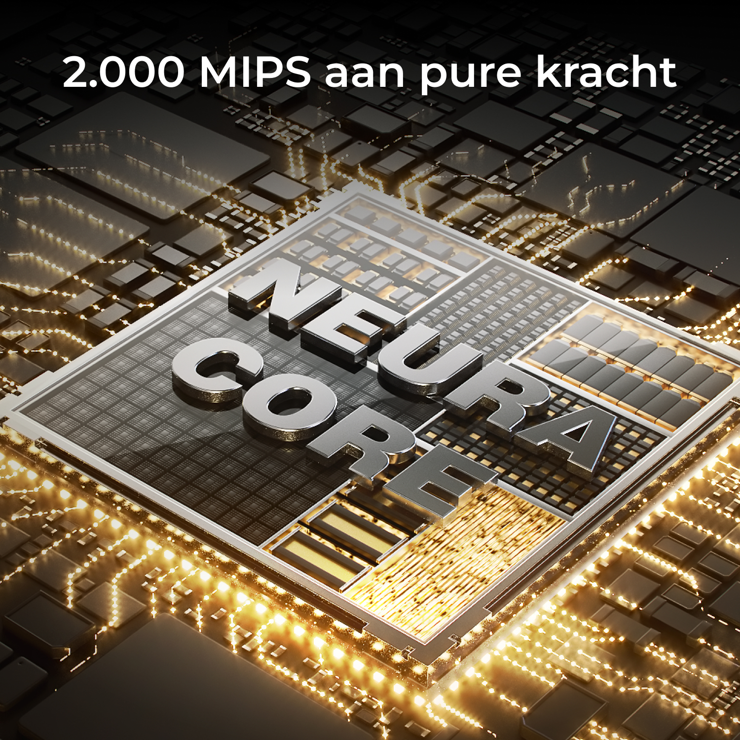 Close-up van een computerchip met de woorden 'NEURA CORE'. De achtergrond heeft een printplaatontwerp met gloeiende lichten.