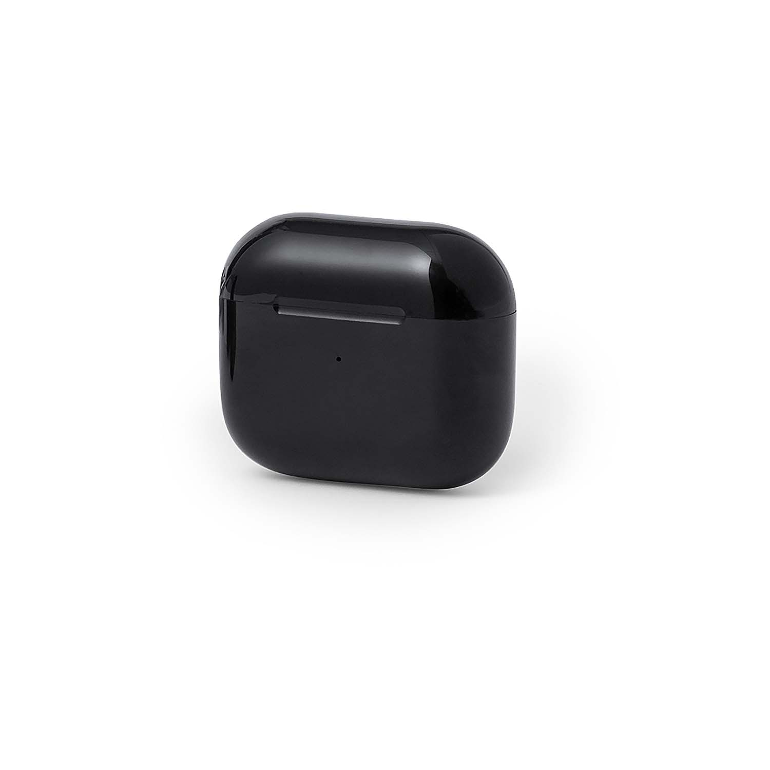 Una custodia nera lucida per AirPods è centrata su sfondo bianco. La custodia è rettangolare con bordi arrotondati e una piccola apertura.