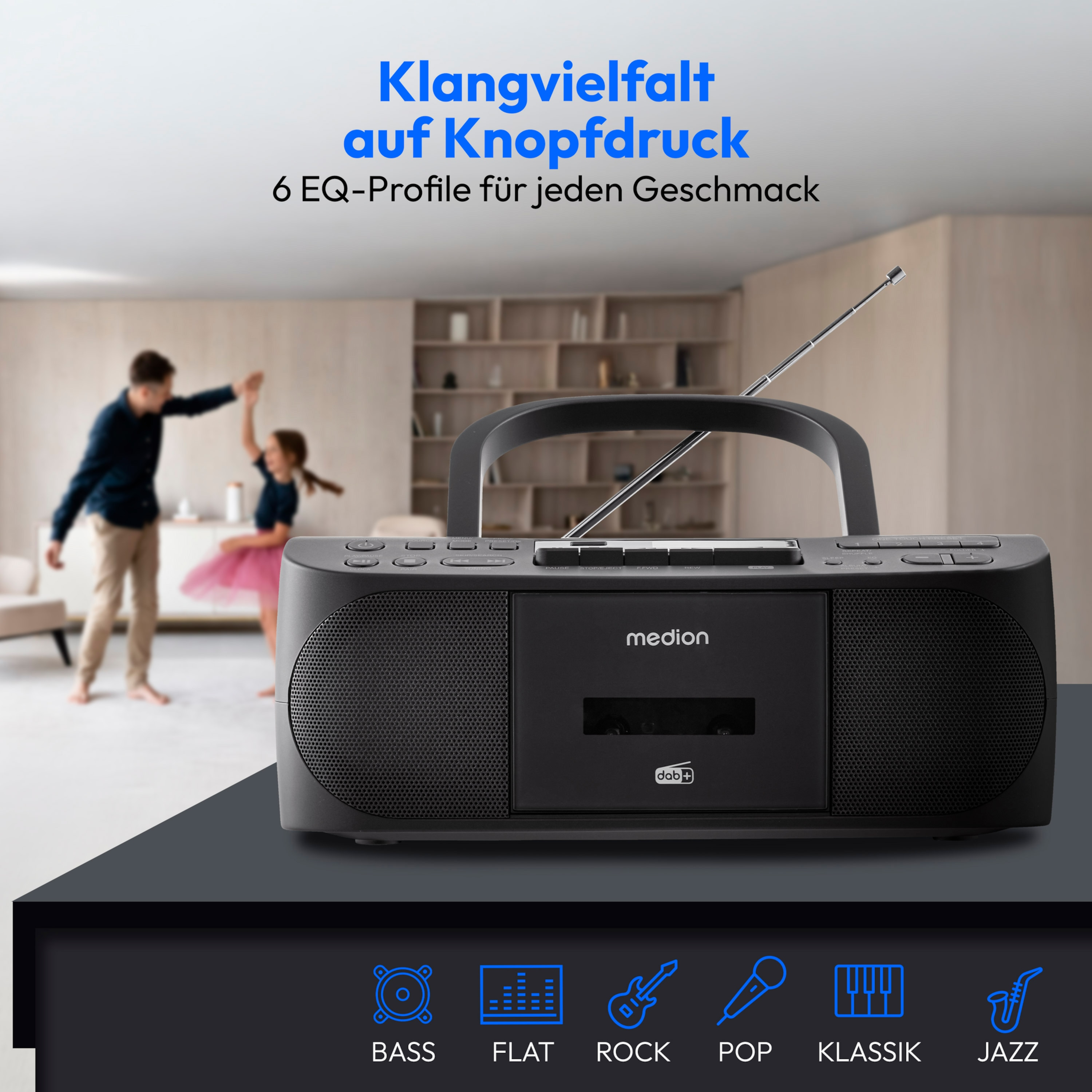 Ein schwarzes Radio auf einem Tisch. Ein Mann und ein Mädchen tanzen im unscharfen Hintergrund. Symbole unten.