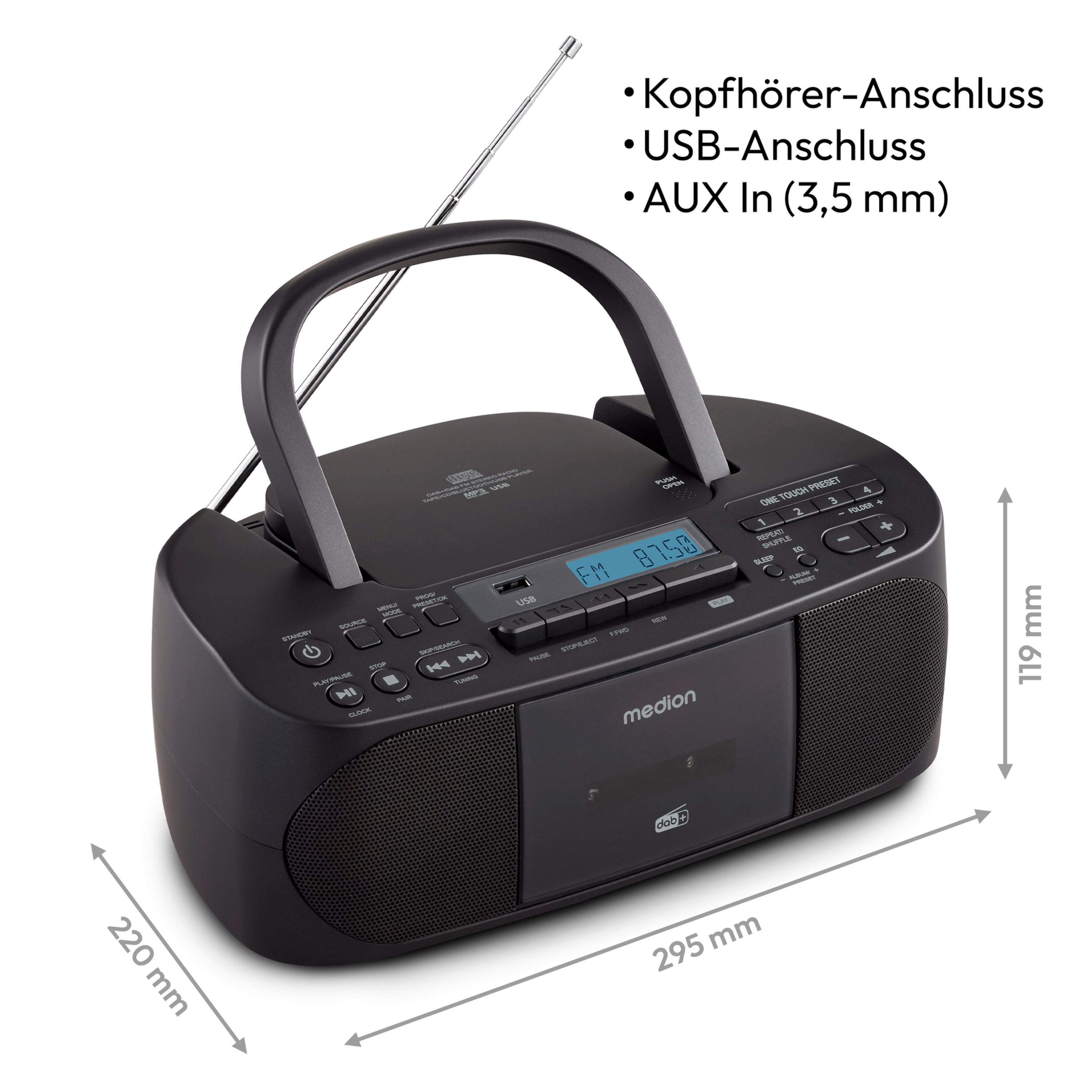 Schwarzes tragbares Radio mit Griff, Antenne und Knöpfen. Es hat ein digitales Display und Anschlüsse.