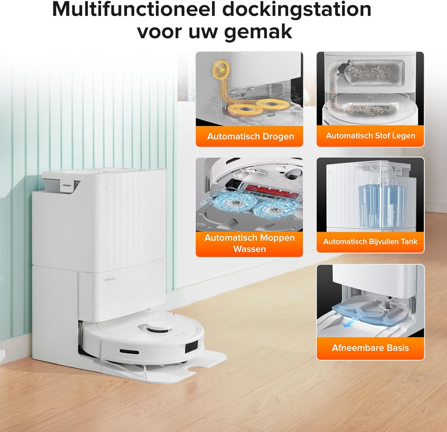 Een witte robotstofzuiger in een wit oplaadstation. De afbeelding toont ook details van de geautomatiseerde functies.