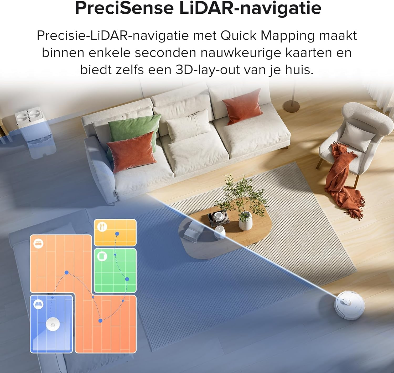 Een kamer met een witte bank, een tapijt en een robotstofzuiger die de vloer in kaart brengt. De afbeelding toont een 3D-indeling van het huis.