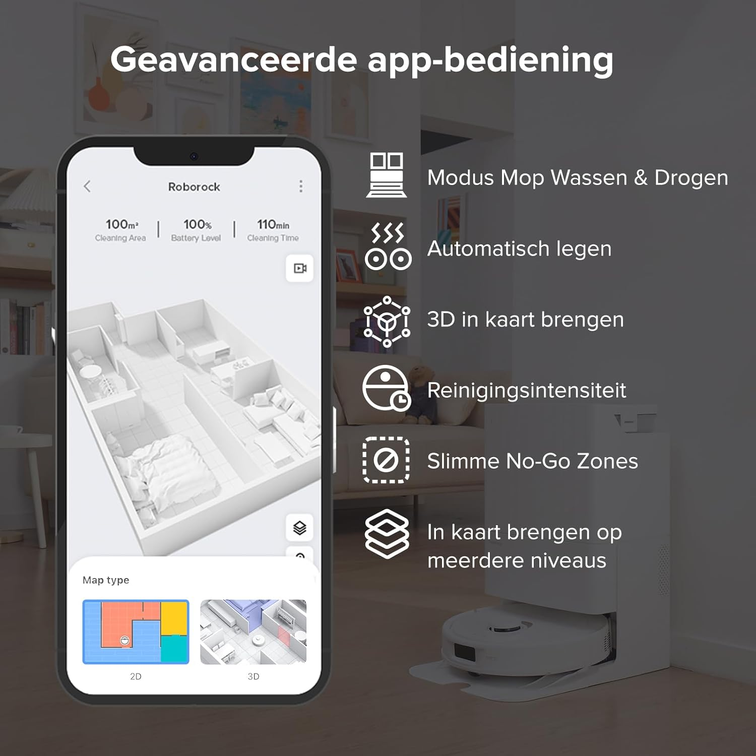 Een telefoon toont een 3D-kaart van een huis met reinigingsopties. Een witte robotstofzuiger staat naast de telefoon.