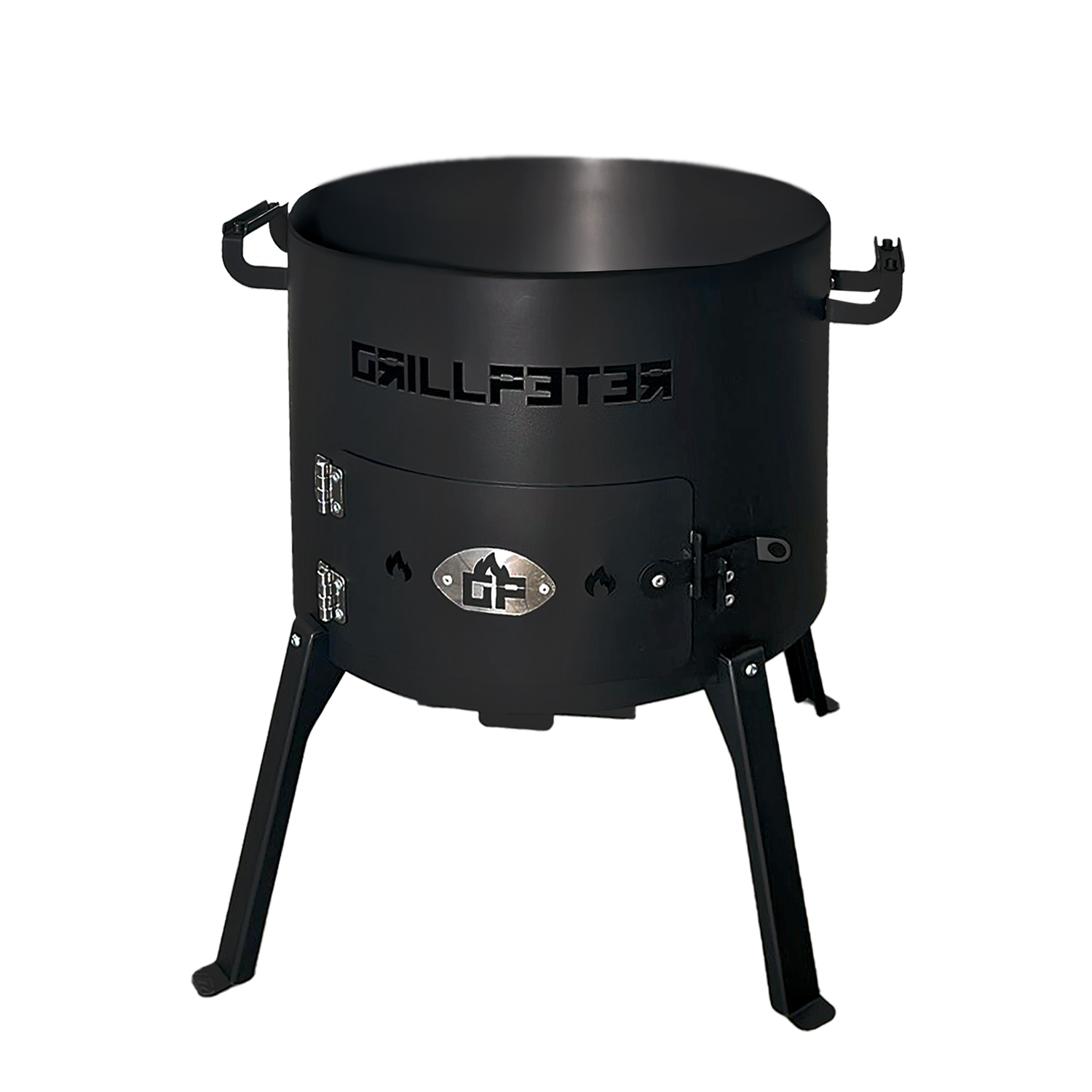Ein schwarzer Grillfester-Grill. Er hat einen zylindrischen Körper, eine kleine Tür und drei Beine. An den Seiten befinden sich Griffe. Das Logo ist auf der Tür.