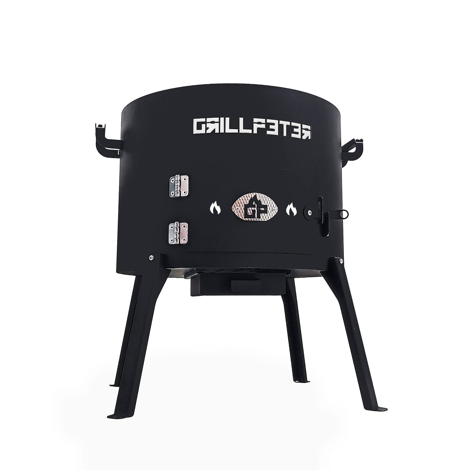 Ein schwarzer Grill von Grillpeter mit Markennamen. Er hat eine Tür, Scharniere und steht auf vier Beinen, alles auf weißem Hintergrund.
