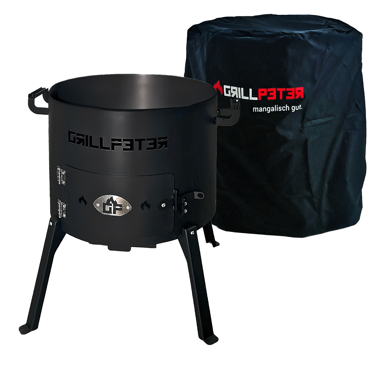 Ein schwarzer Grill von Grillpeter mit Deckel. Er hat eine Feuertür und drei Beine. Der Deckel hat das Grillpeter-Logo.