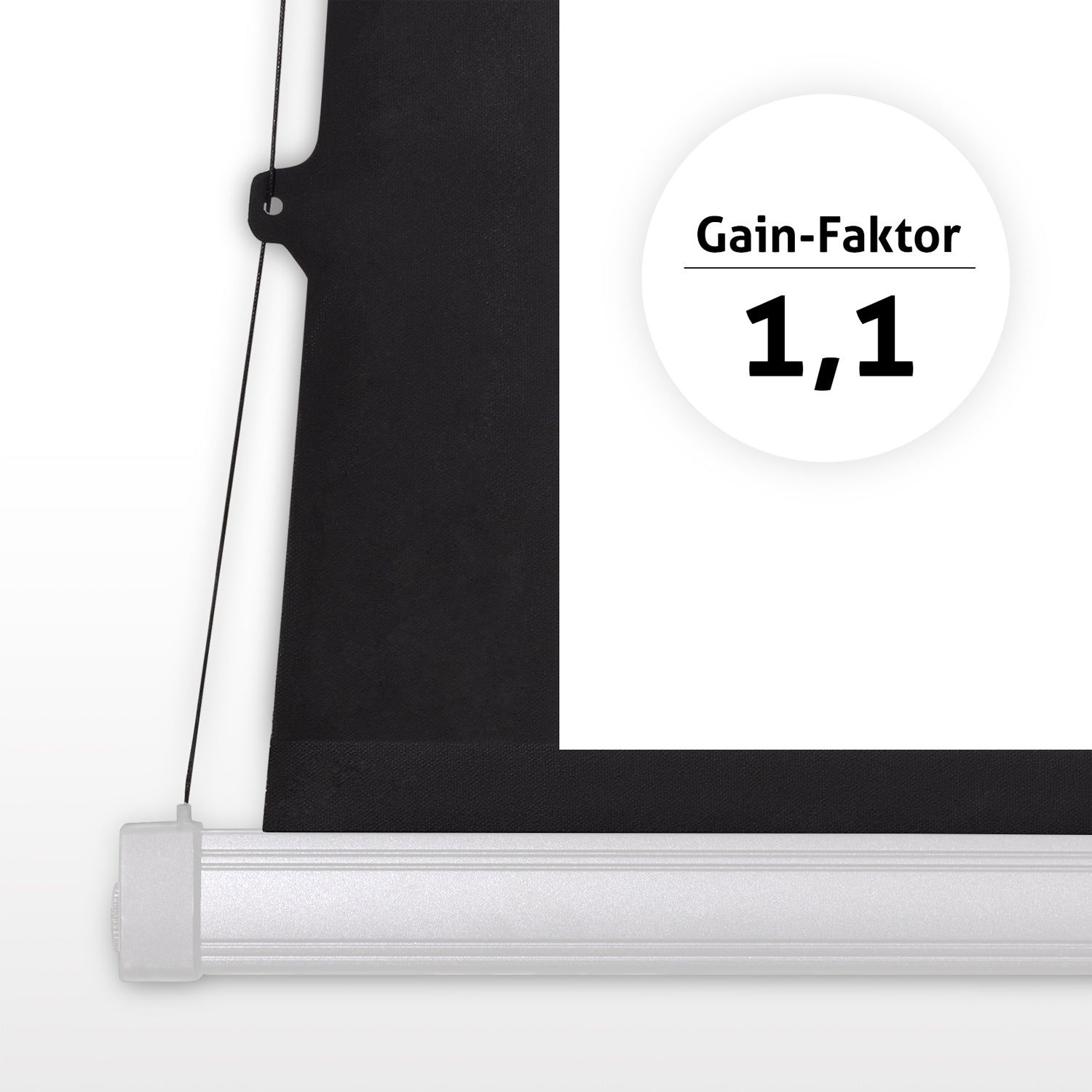 Schwarzer Stoff mit weißem Kreis mit 'Gain-Faktor 1,1'. Unten eine silberne Stange. Eine schwarze Schnur ist sichtbar.