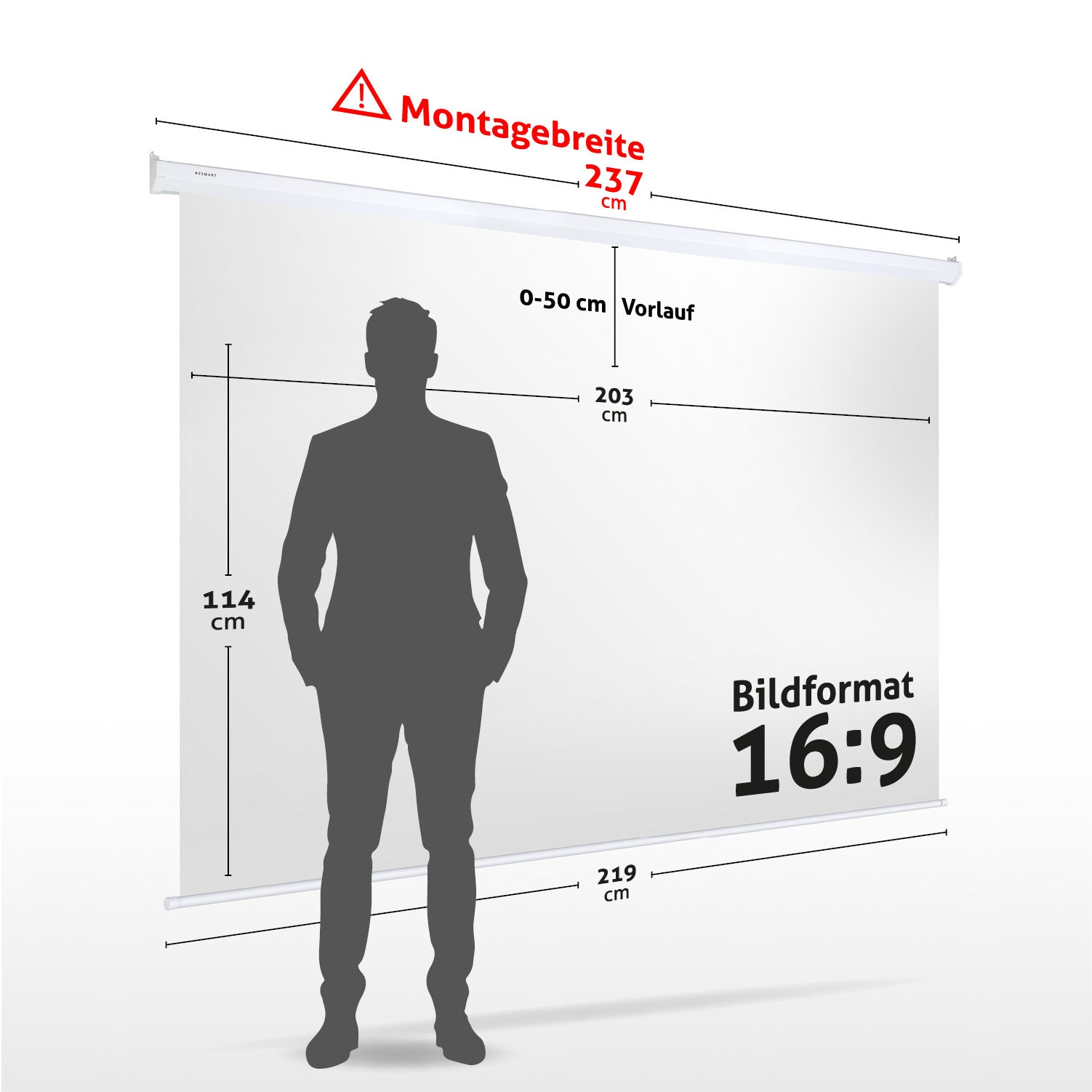 Eine Männersilhouette steht vor einer Projektionsleinwand. Abmessungen: 237 cm Breite, 203 cm Höhe und 16:9 Format.