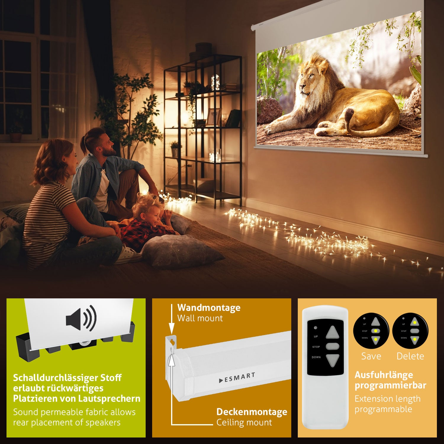 Eine Familie schaut sich einen Löwen auf einer Projektorleinwand an. Der Raum hat ein Regal, Lichterketten und Lautsprecherkomponenten.