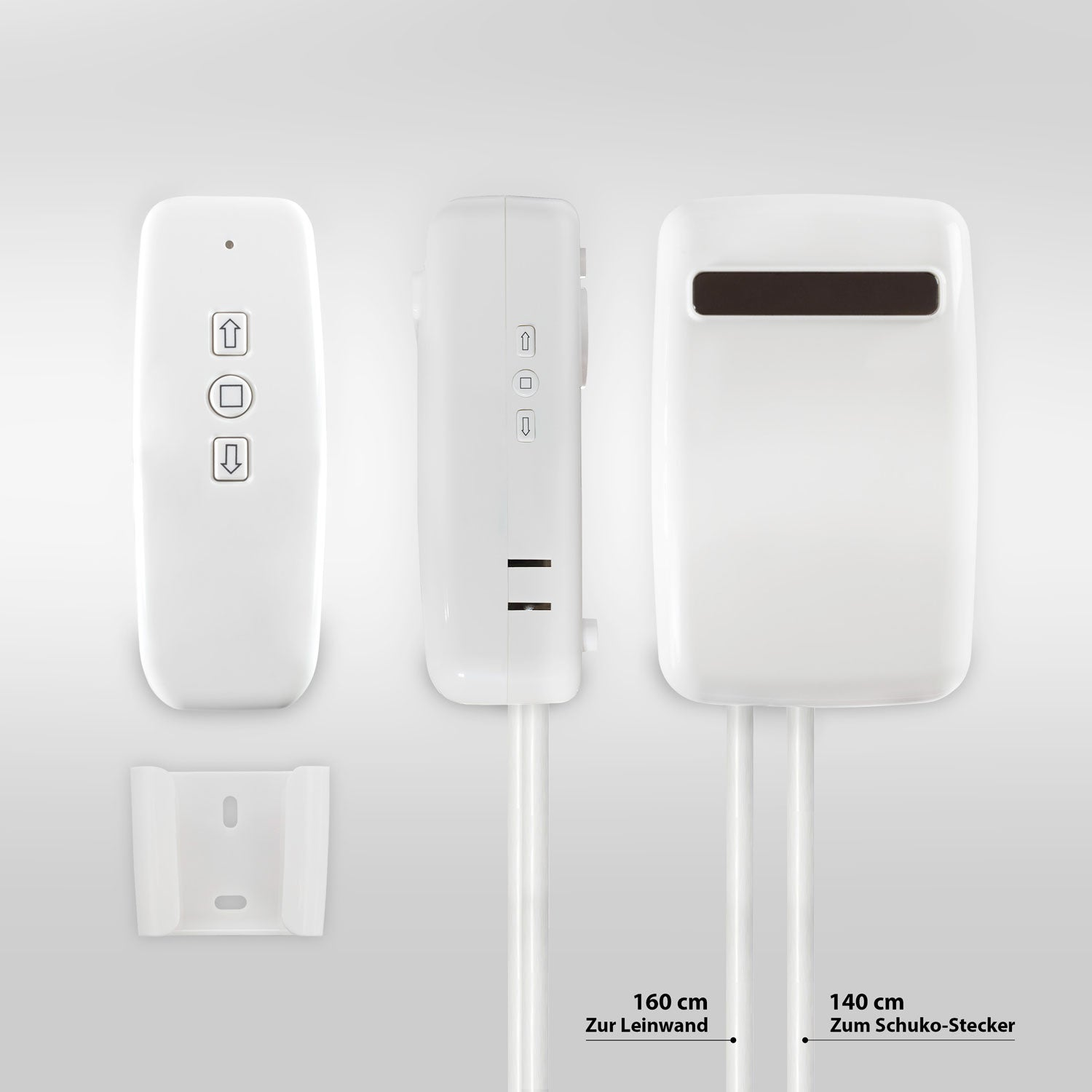 Weiße Fernbedienung, Steuereinheit und Steckvorrichtung. Die Fernbedienung hat Auf/Ab-Tasten. Der Stecker hat einen Schlitz.