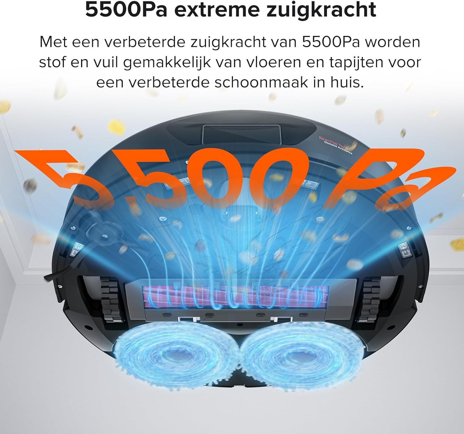 Robotstofzuiger met oranje tekst die zuigkracht aangeeft. Blauwe luchtstromen tonen de reiniging, met vuil en stofdeeltjes.