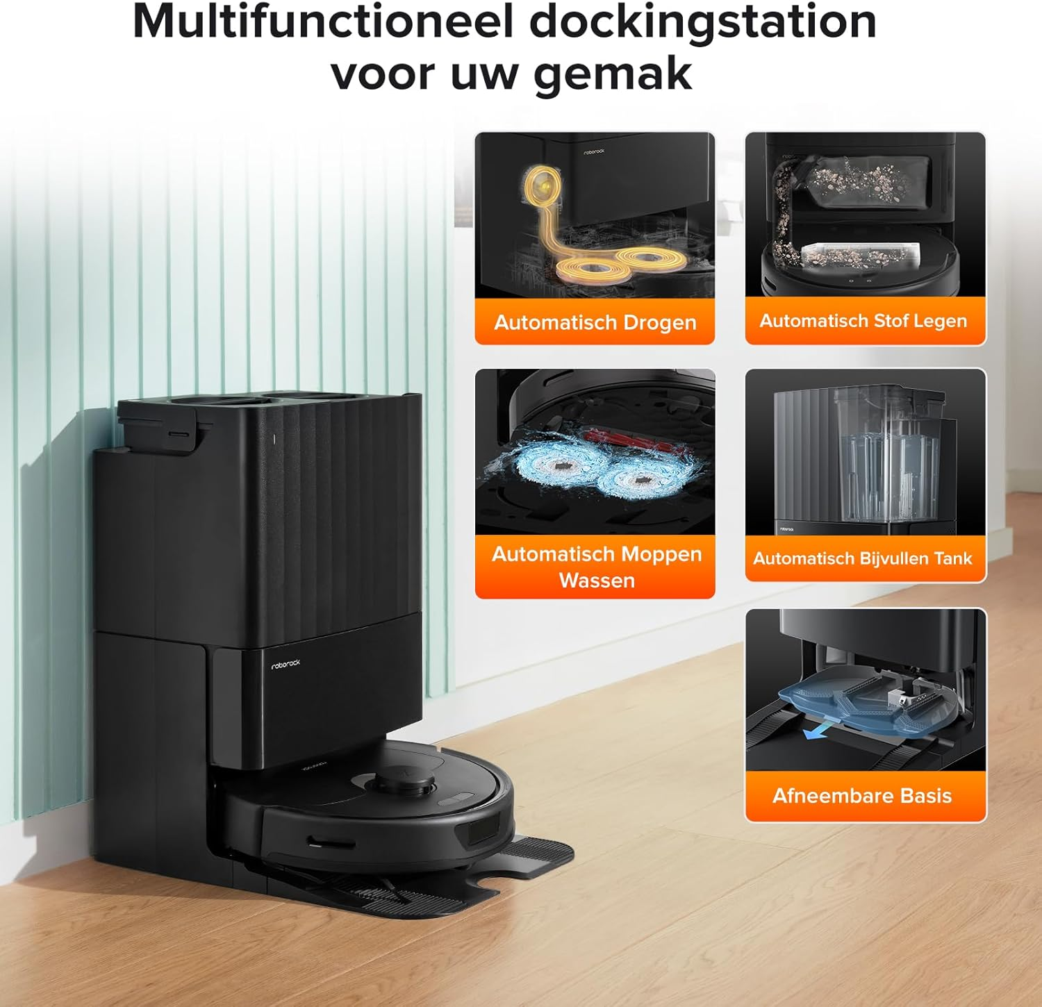Een zwart docking station met een stofzuiger en iconen voor functies zoals drogen, legen, wassen en bijvullen.