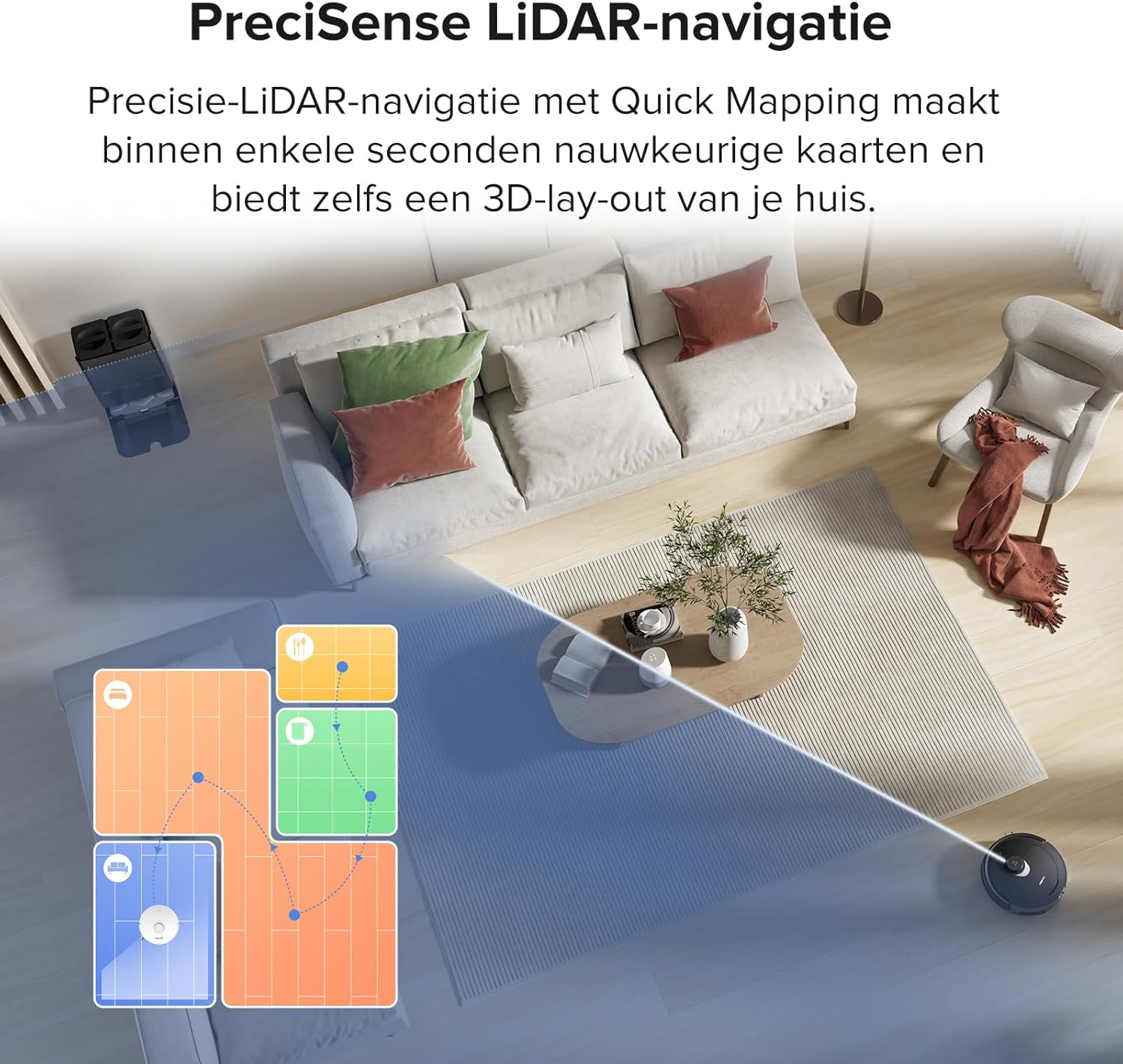 Een plattegrond toont een robotstofzuiger die een woonkamer in kaart brengt met een bank, vloerkleed en salontafel.