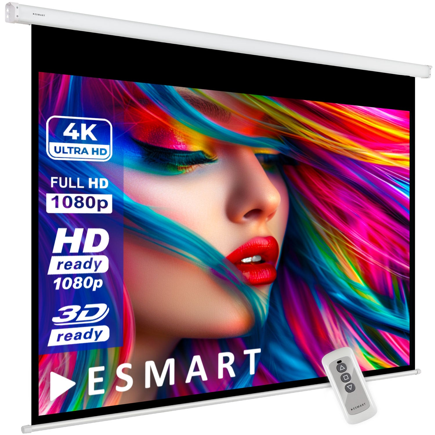 Eine Projektionsleinwand zeigt das Gesicht einer Frau mit bunten Haaren. Logos für 4K, 1080p und 3D sind sichtbar. Eine Fernbedienung ist im Vordergrund.
