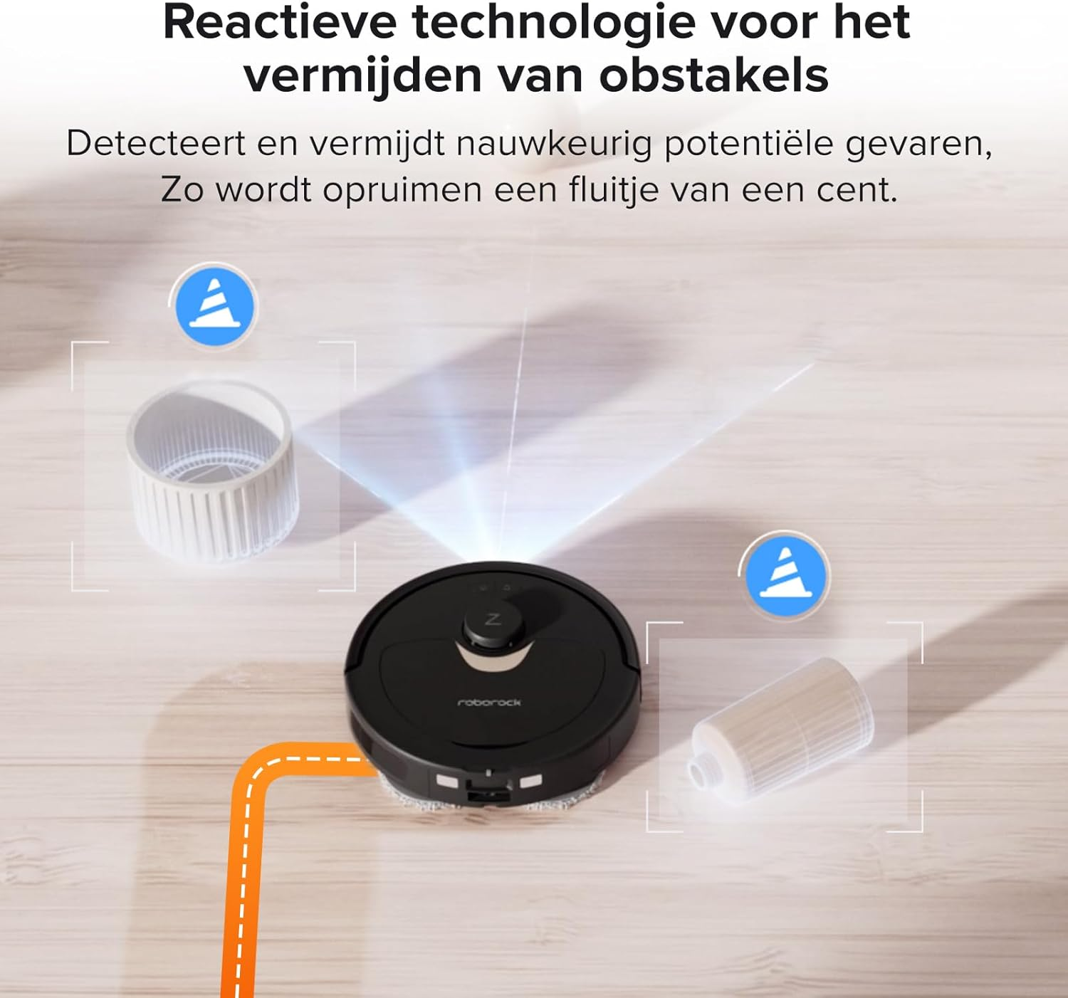 Een zwarte robotstofzuiger op een houten vloer, met een diagram van obstakeldetectie en de tekst 'Reactieve technologie'.