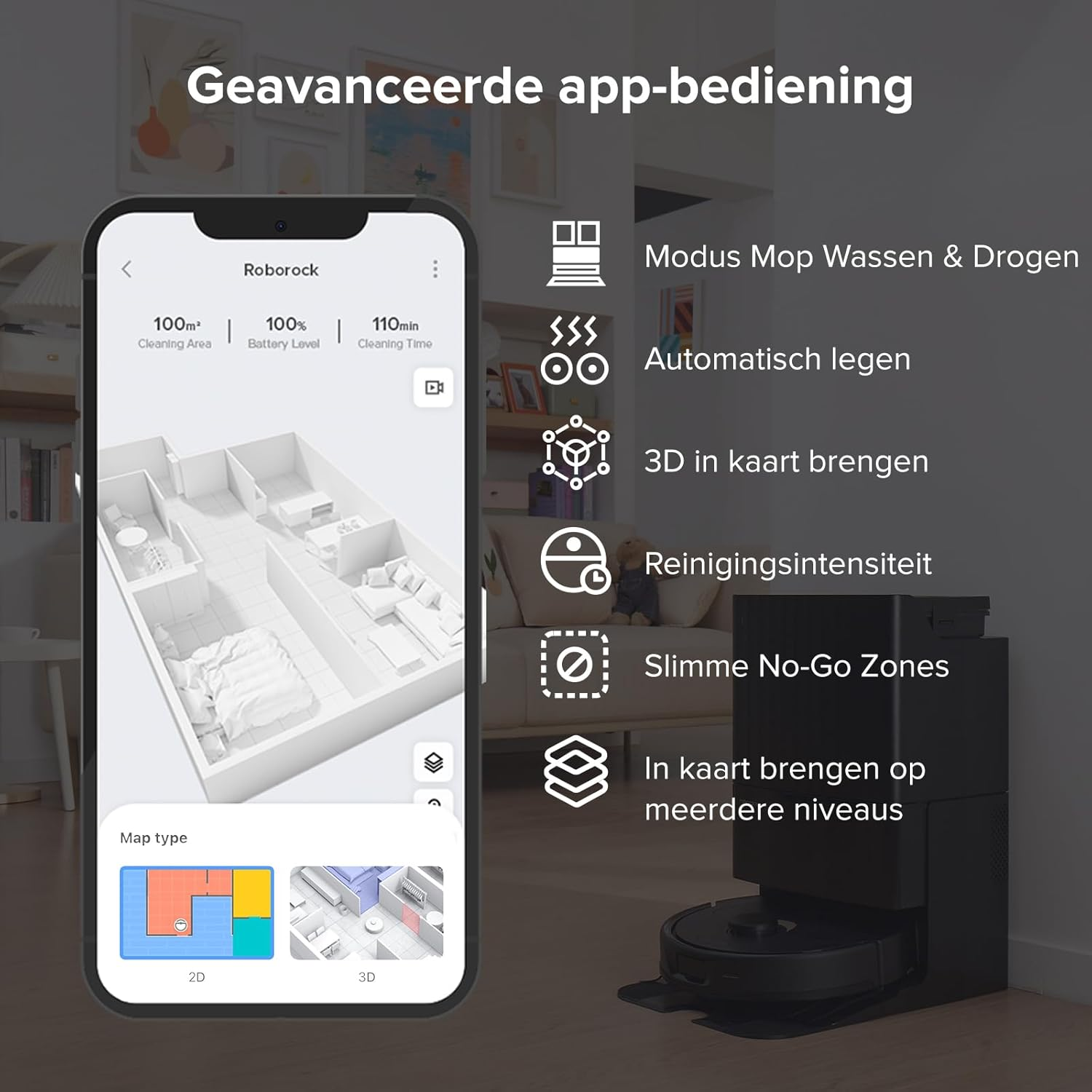 Een telefoon toont een 3D-plattegrond en Roborock app-opties. Een zwarte robotstofzuiger staat op een oplaadstation.