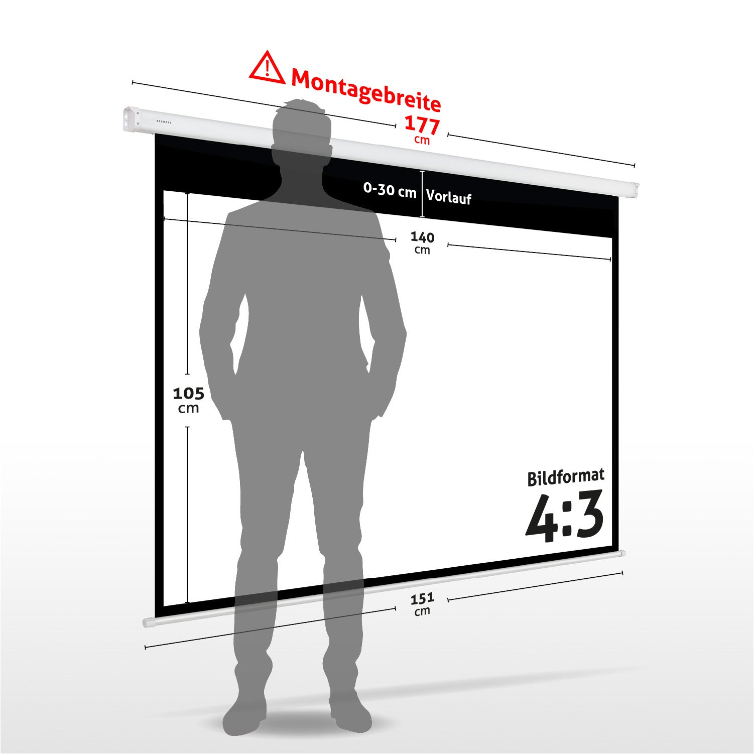 Eine Person steht vor einer Projektionsleinwand. Abmessungen sind beschriftet: 177cm, 105cm, 140cm und 151cm. Seitenverhältnis ist 4:3.