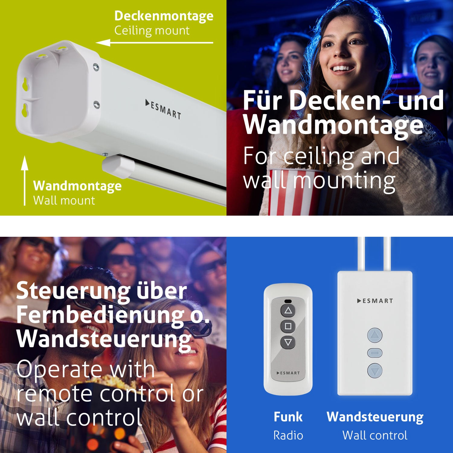 Das Bild zeigt eine Projektorleinwand, Kinobesucher und Fernbedienungen. Text erwähnt Decken-/Wandmontage und Fernbedienung.