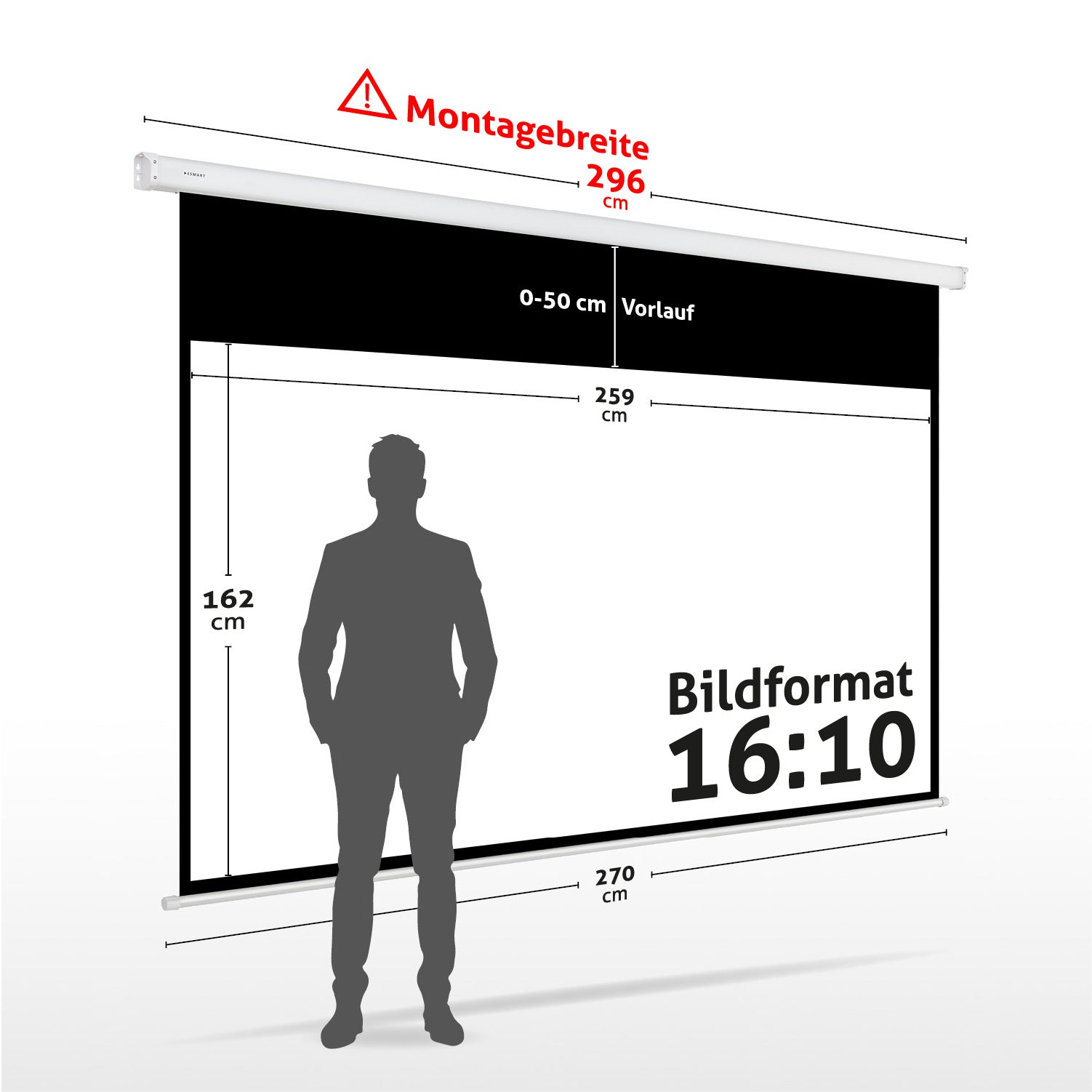 Eine Projektionsleinwand mit Maßen und einer Personensilhouette davor. Anmerkungen umfassen Größen in cm und das Seitenverhältnis 16:10.