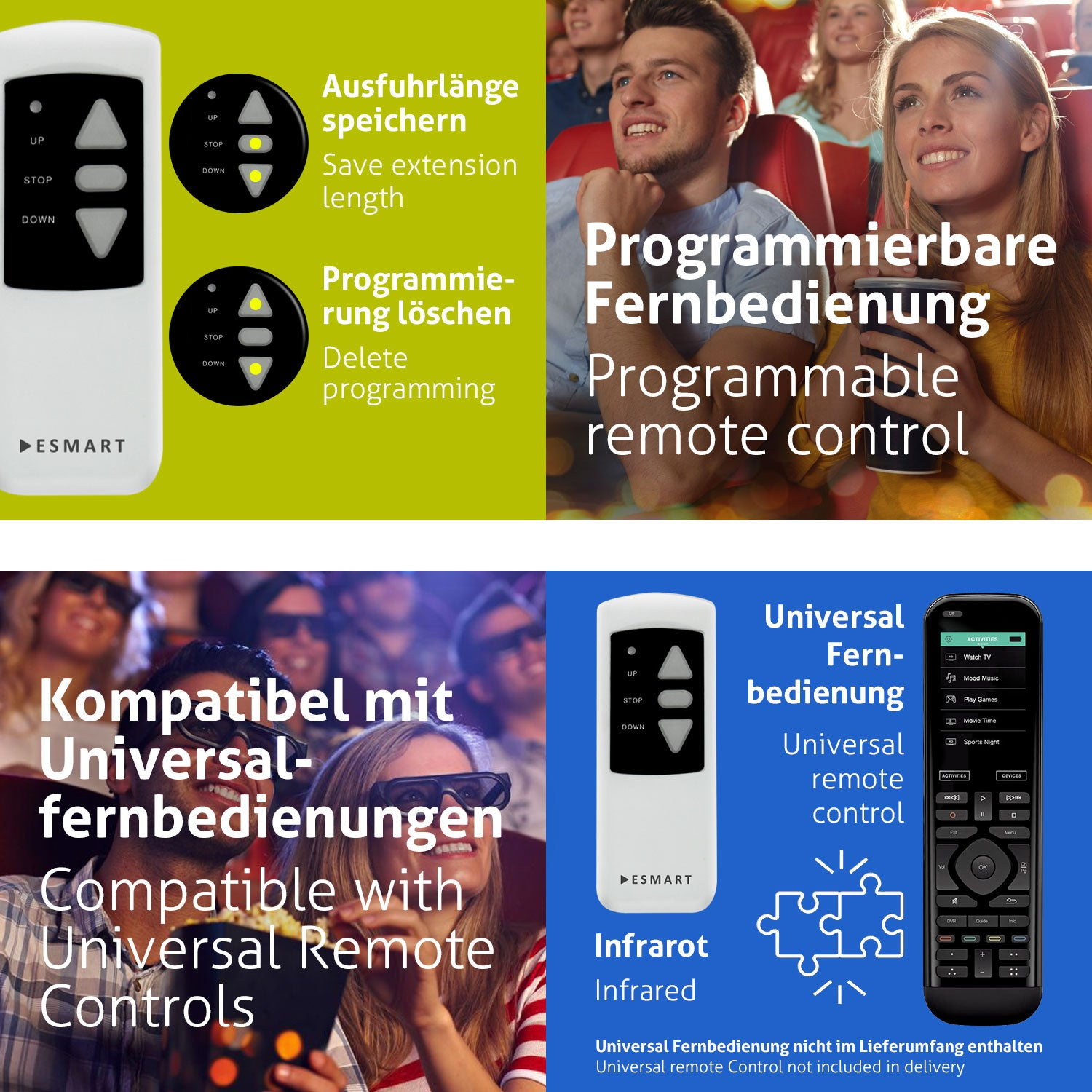 Das Bild zeigt Fernbedienungen, Text über Programmierbarkeit und Menschen in einem Kino, die einen Film ansehen. Der Text lautet 'Kompatibel mit Universal-Fernbedienungen'.