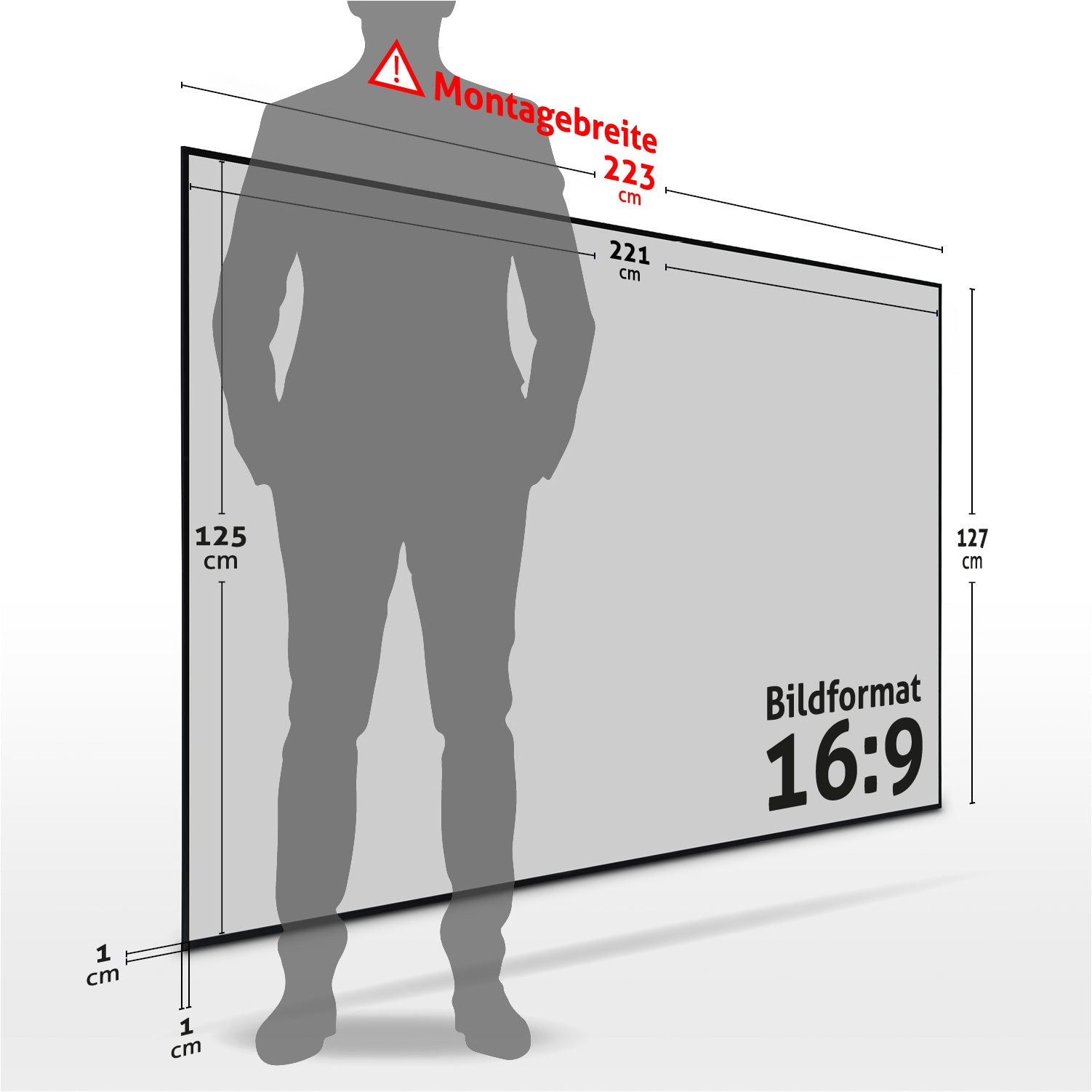 Eine Person steht vor einer Leinwand. Abmessungen und Warnungen werden angezeigt. Der Bildschirm hat ein 16:9-Format.